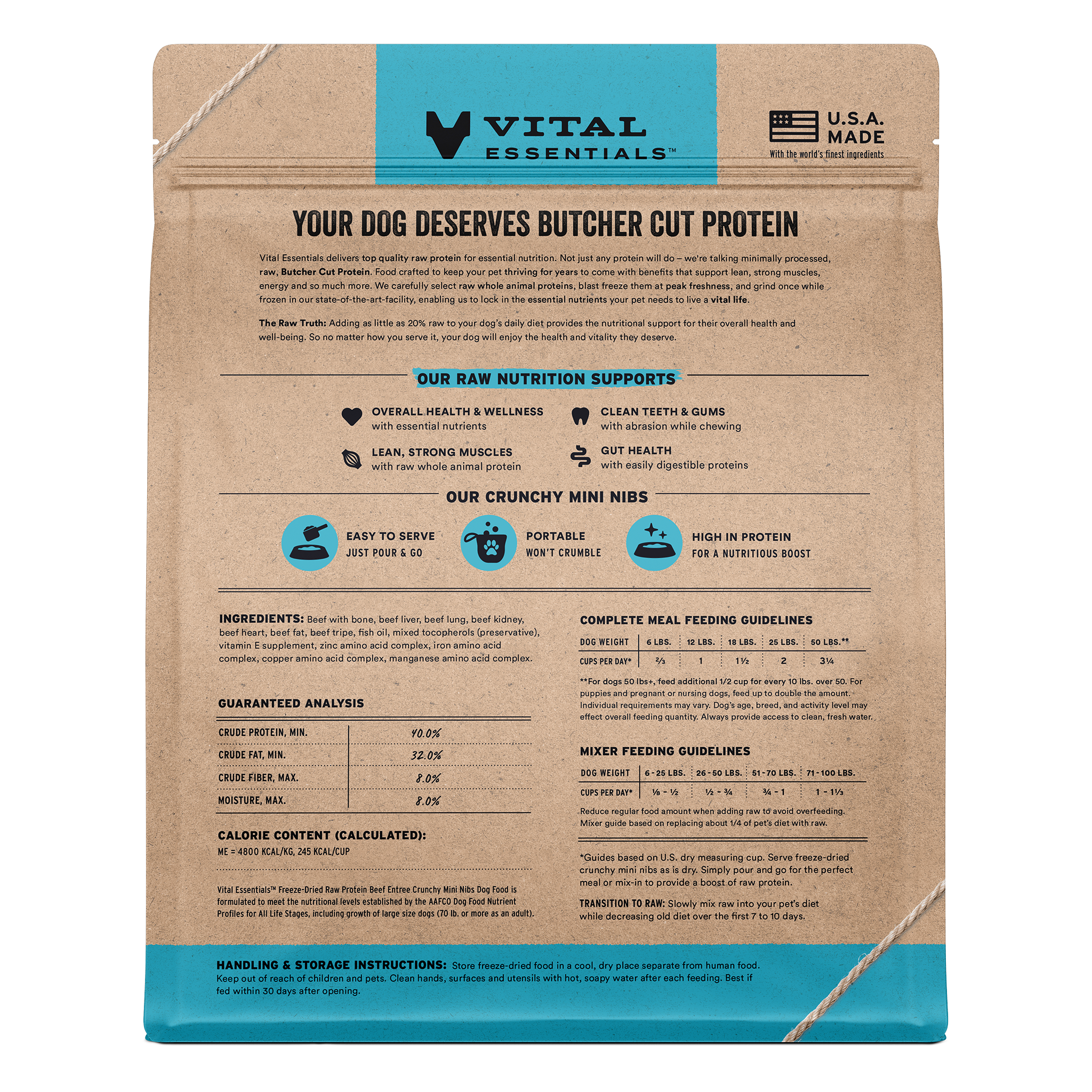 Back of the Beef Entree crunchy mini nibs bag with ingredients, guaranteed analysis, and feeding guide
