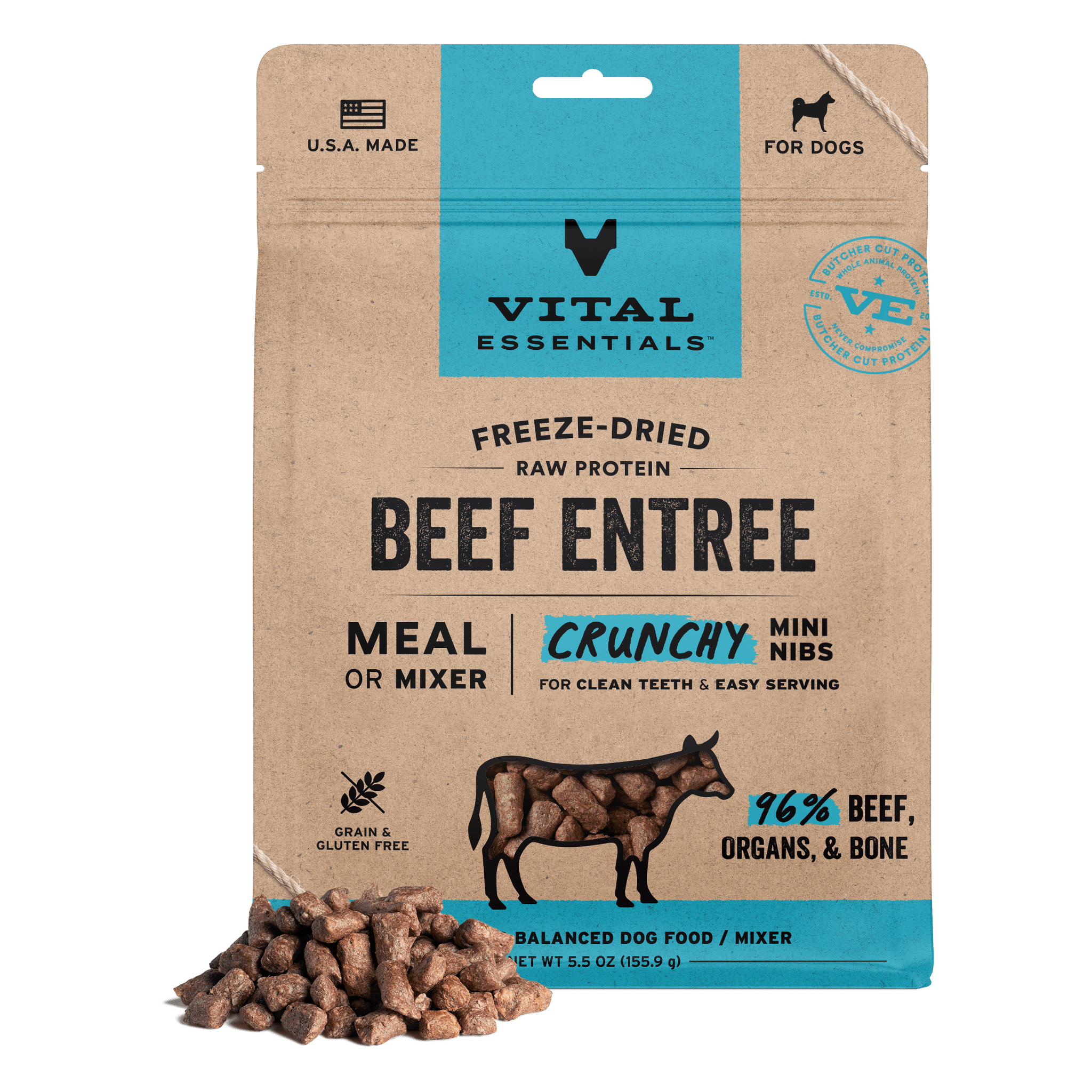 Vital Essentials Freeze-Dried Raw Beef Entree Crunchy Mini Nibs dog food bag front with a pile of nibs