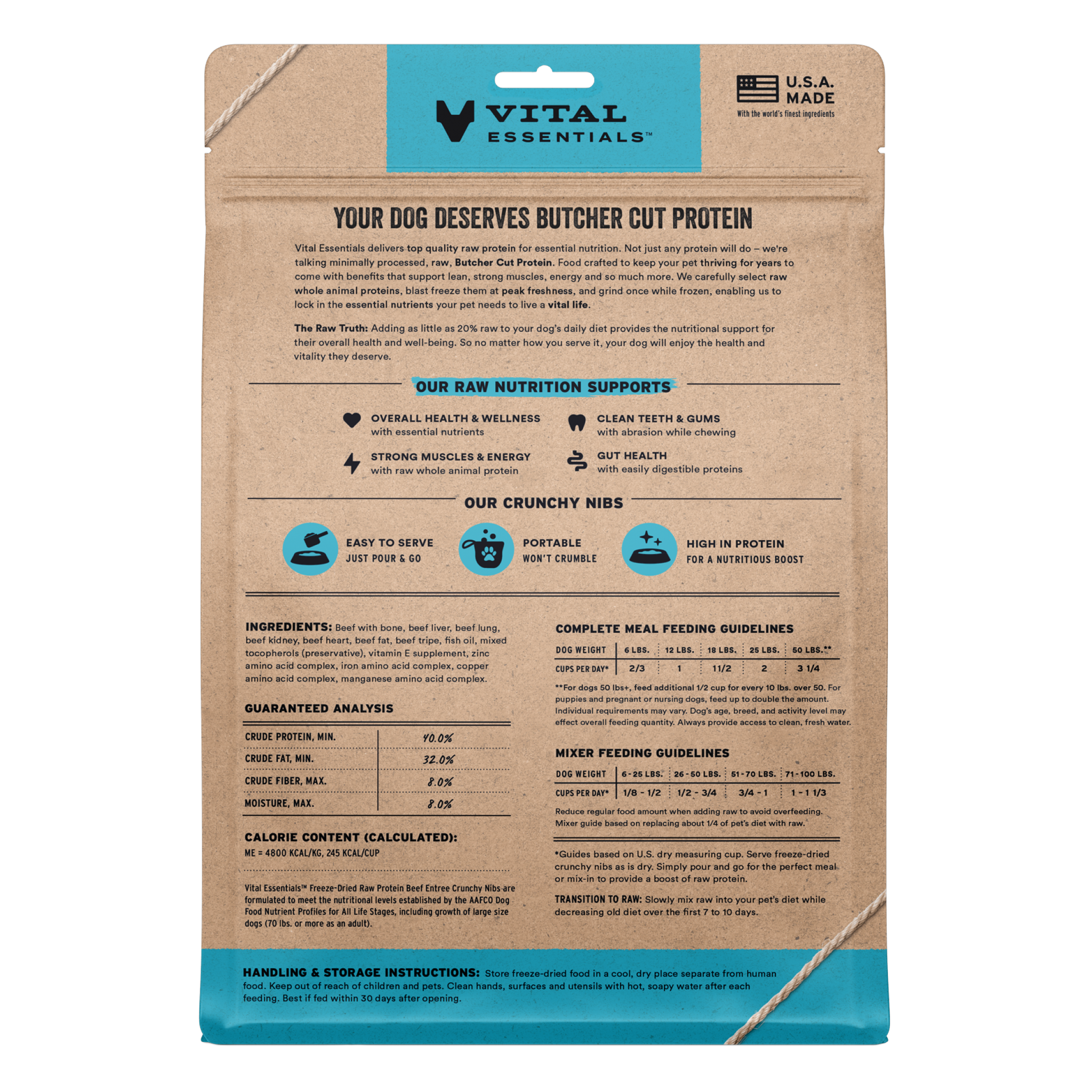 Back of the Beef Entree nibs bag with ingredients, guaranteed analysis and feeding guides