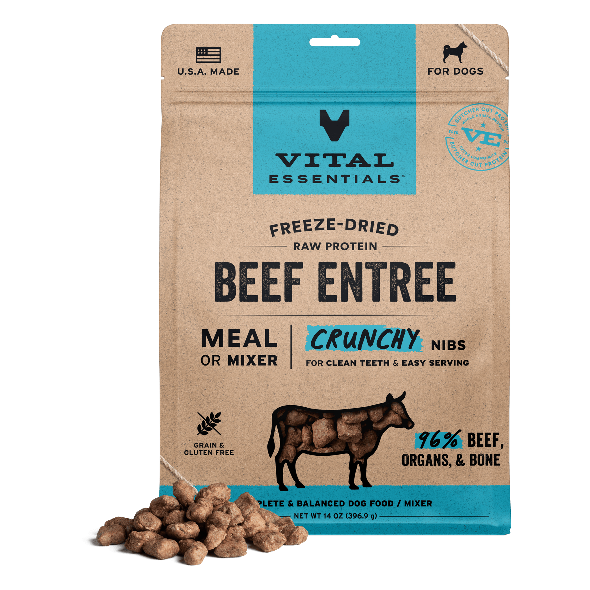 Vital Essentials Freeze-Dried Raw Beef Entree Nibs dog food bag front with a pile of nibs