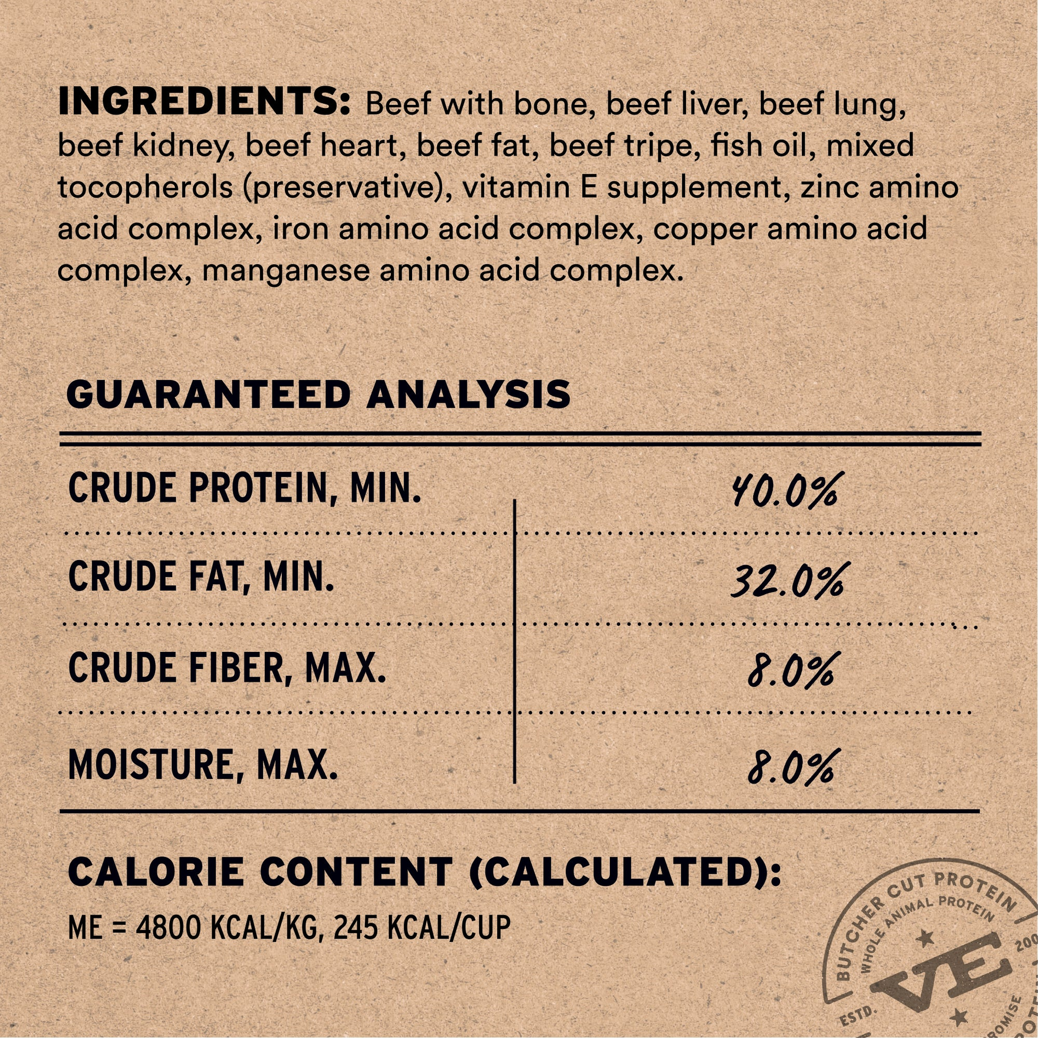 Beef recipe ingredients list, guaranteed analysis, and calorie content
