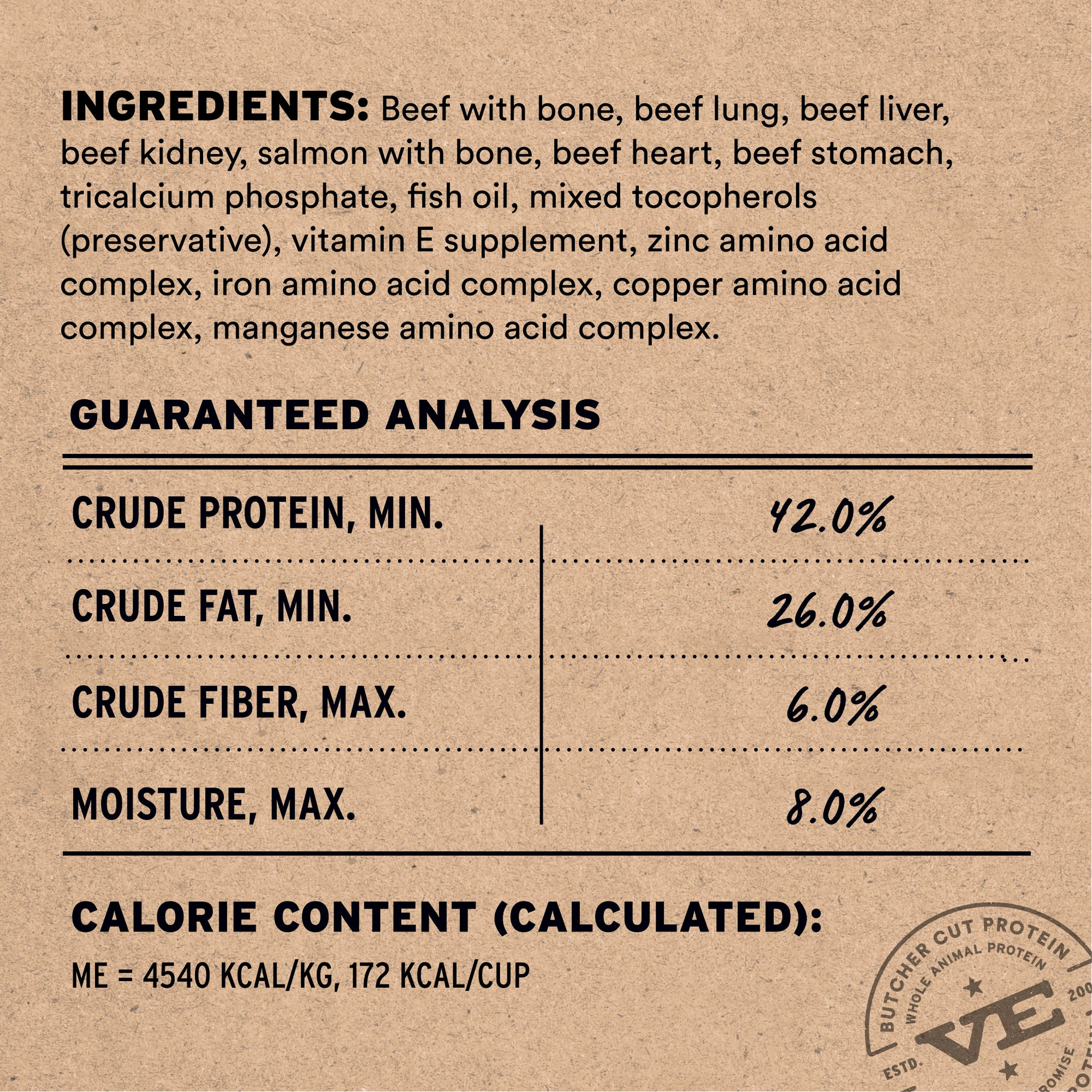Beef and salmon recipe ingredients list, guaranteed analysis, and calorie content
