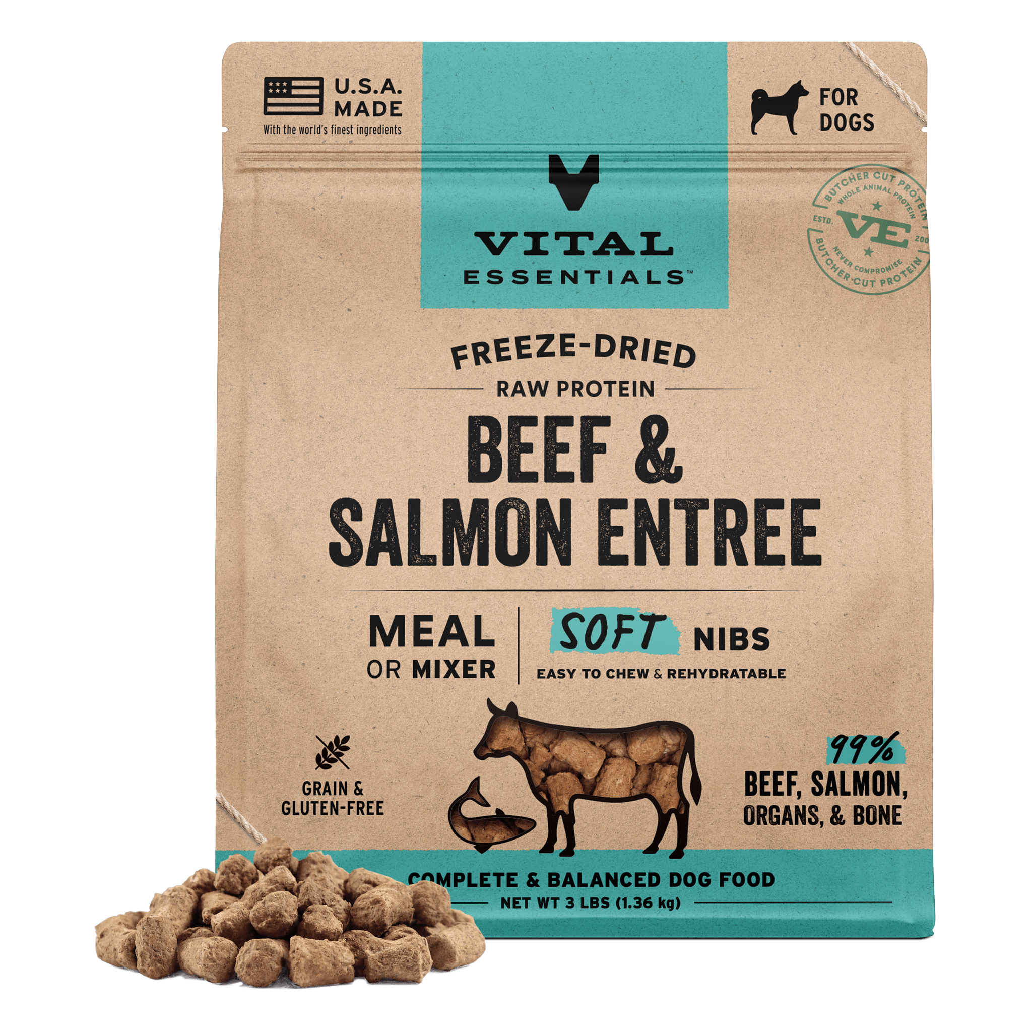 Vital Essentials Freeze-Dried Raw Beef & Salmon Entree Soft Nibs dog food 3 lb bag with nib pile