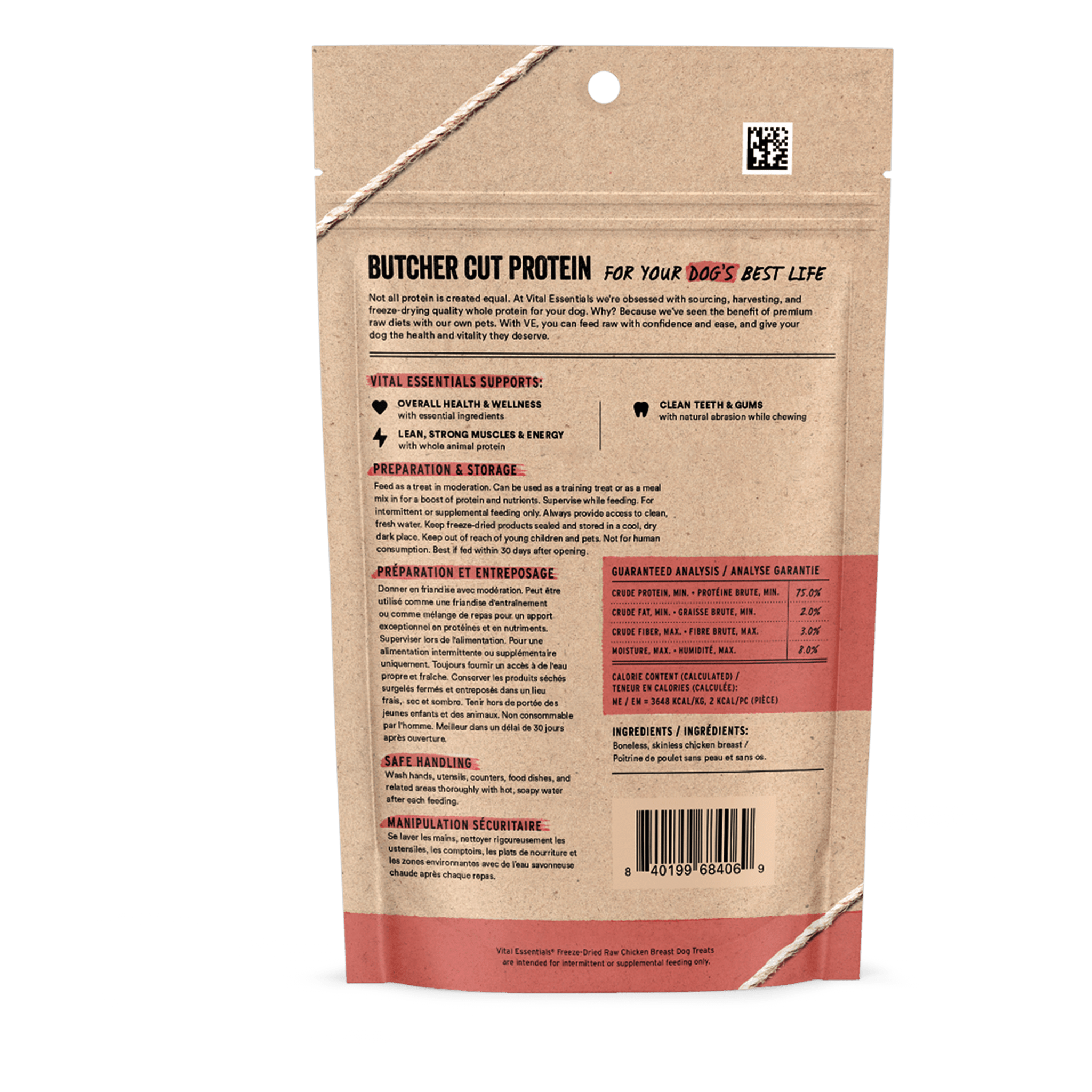 Back of the chicken breast treats bag describing butcher cut protein benefits and preparation