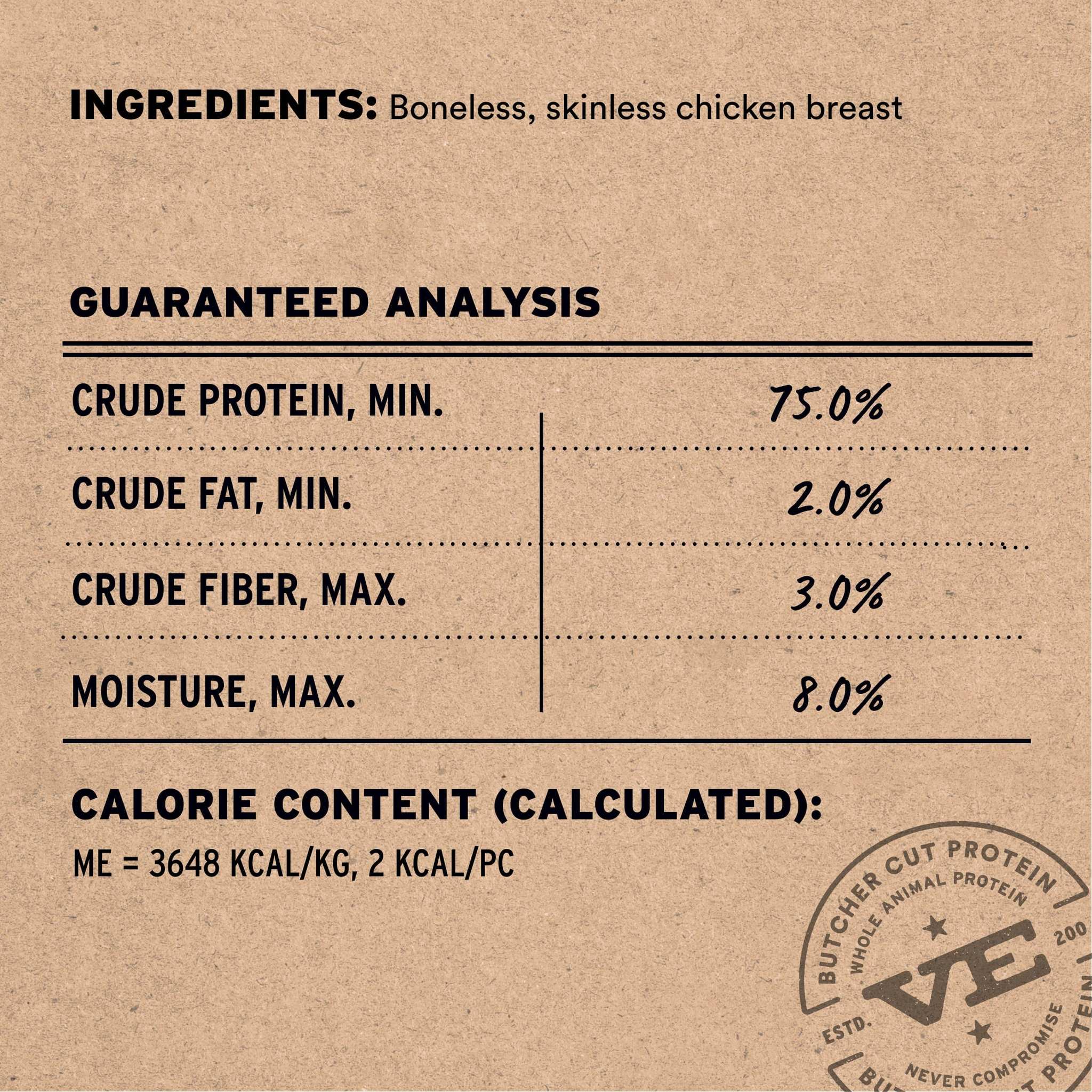 Chicken breast treats ingredients, guaranteed analysis and calorie content: 75 percent protein, 2 kcal per piece