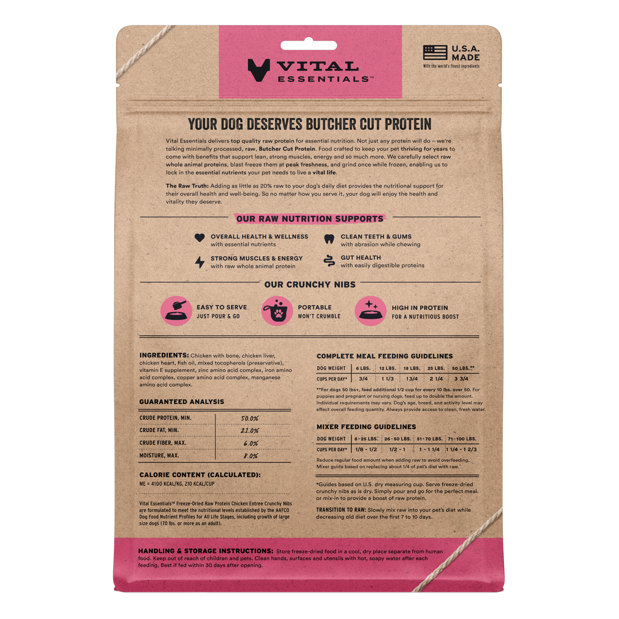 Back of the Chicken Entree nibs bag with ingredients, guaranteed analysis and feeding guides
