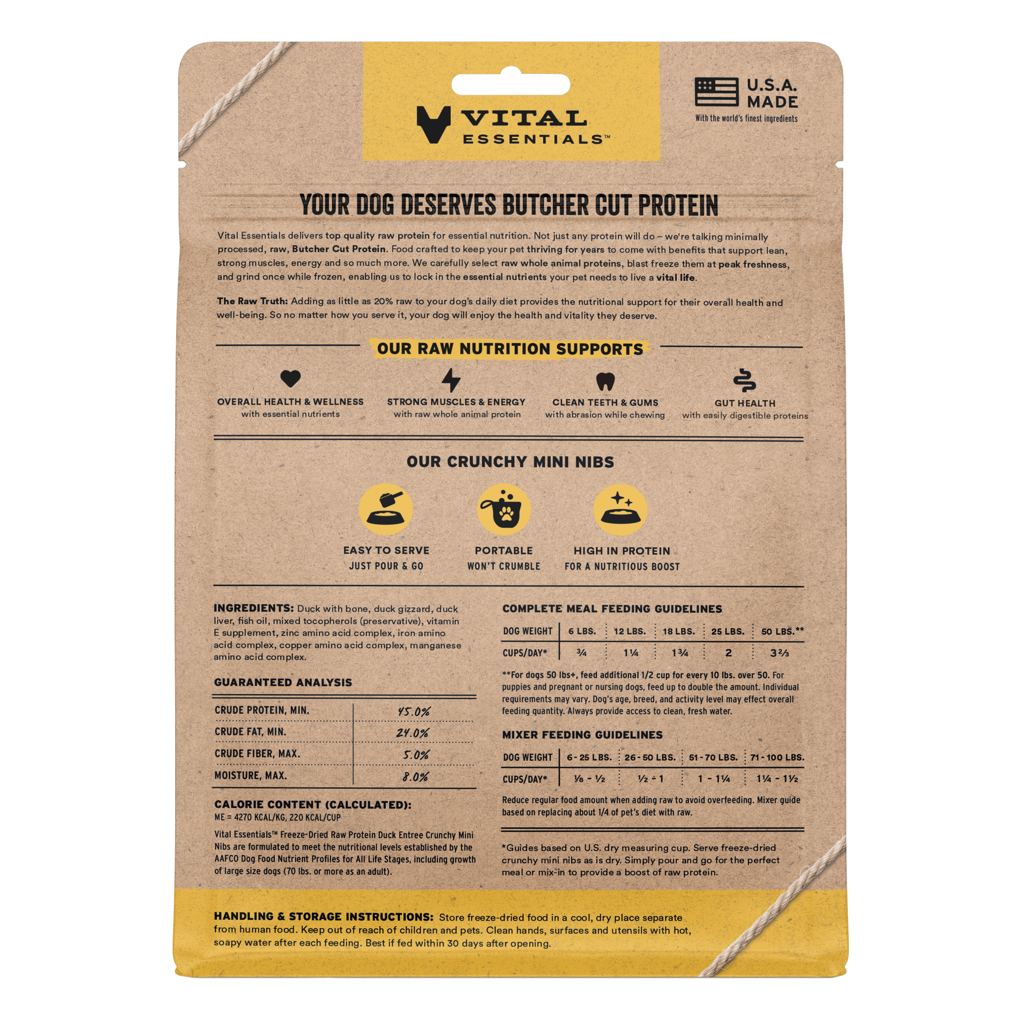 Back of the Duck Entree crunchy mini nibs bag with ingredients, guaranteed analysis and feeding guides