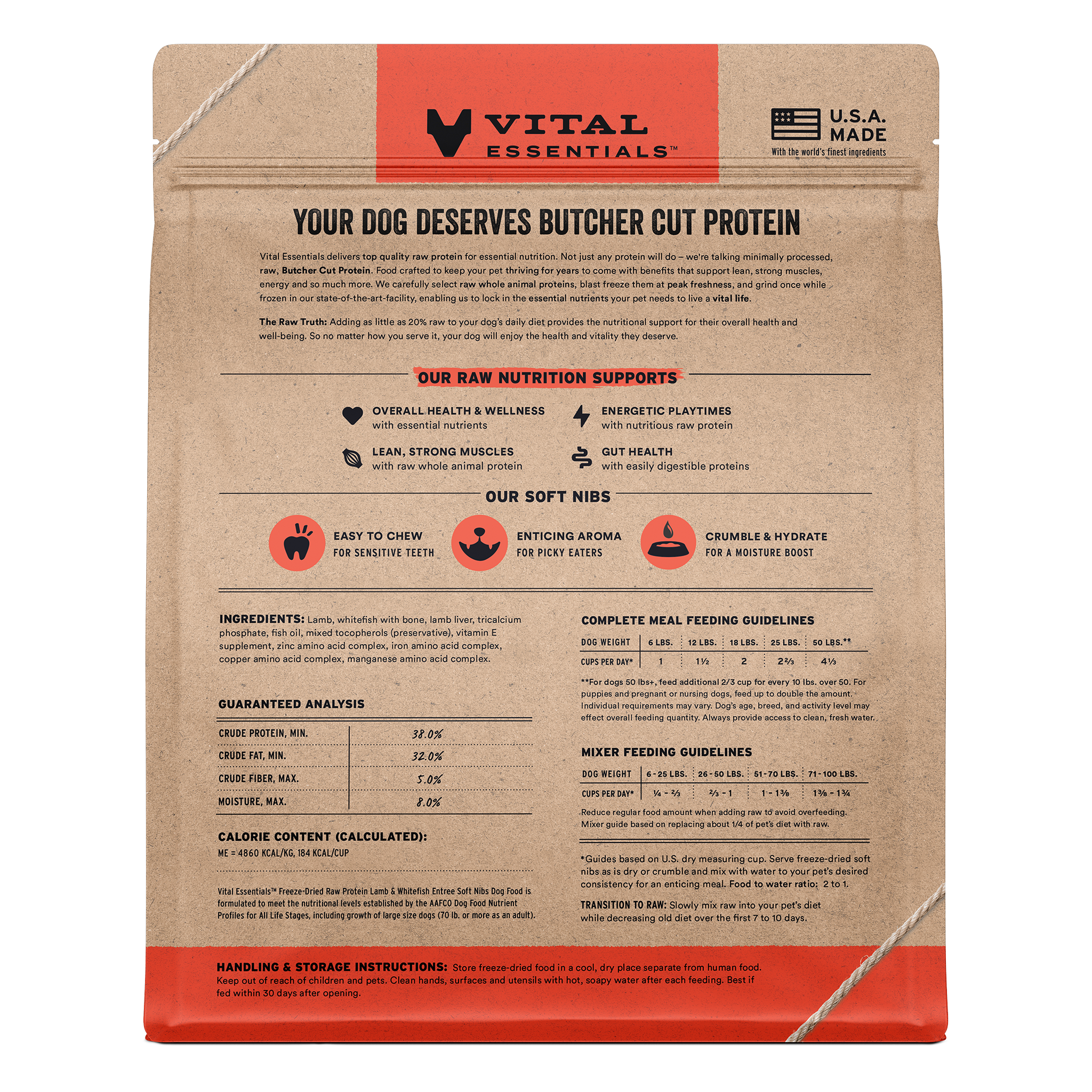 Back of the Lamb & Whitefish soft nibs bag with ingredients, guaranteed analysis, and feeding guide