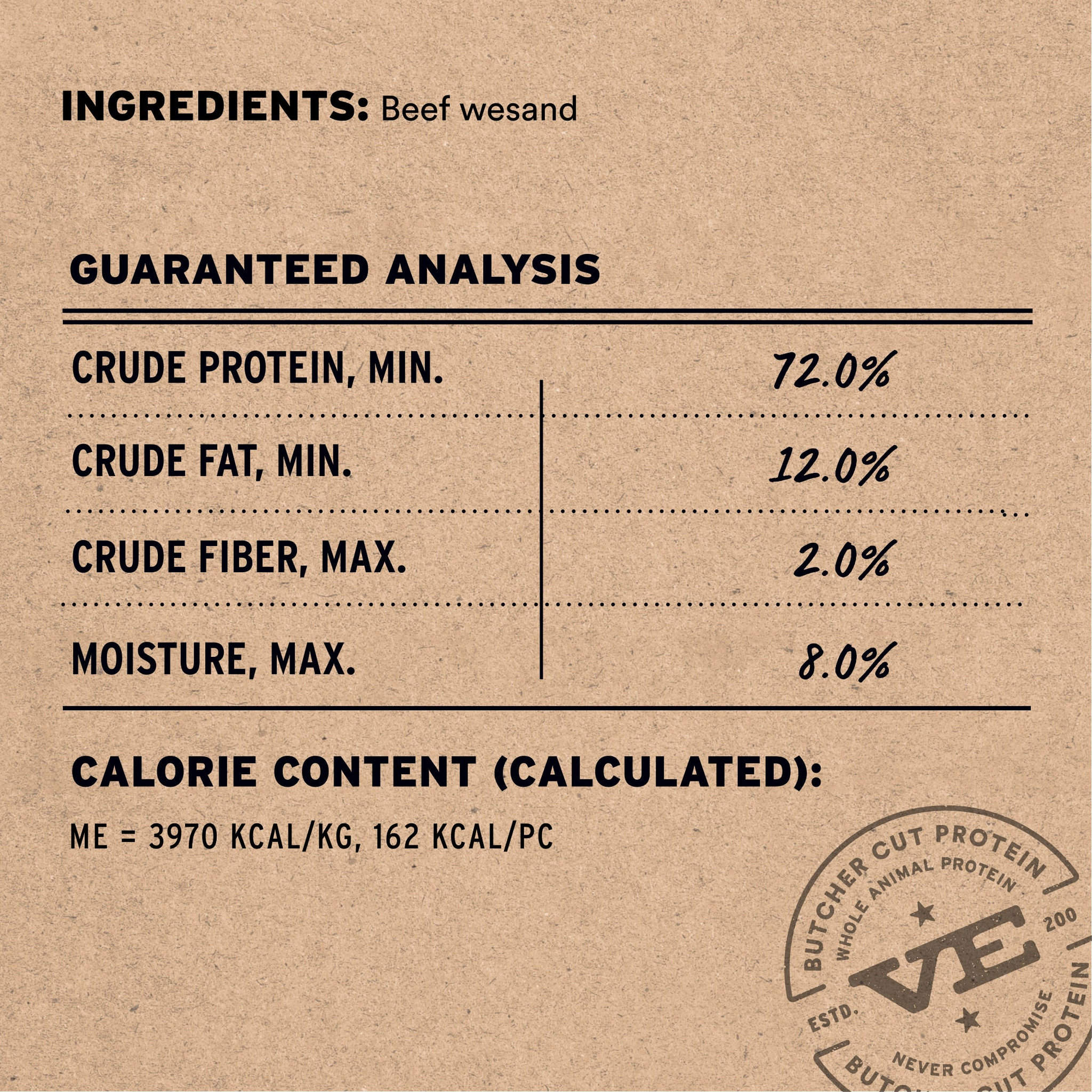 Moo Sticks chew single ingredient, guaranteed analysis and calorie content