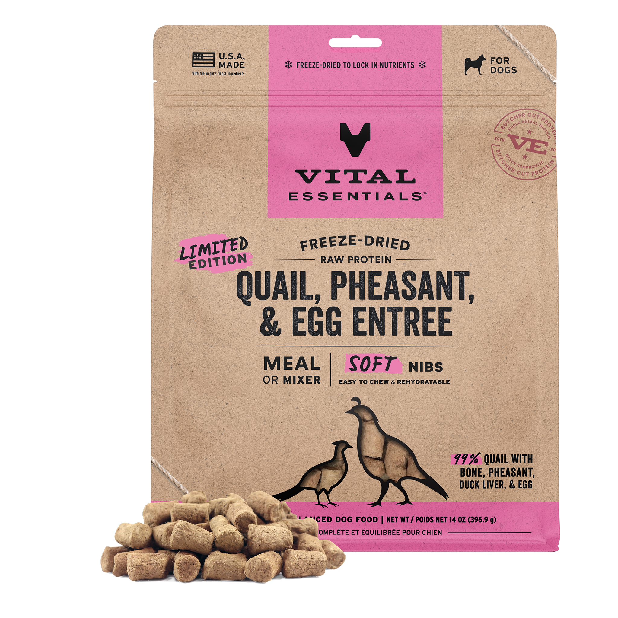 Vital Essentials limited edition Quail, Pheasant and Egg Entree Soft Nibs dog food bag front with a pile of soft nibs