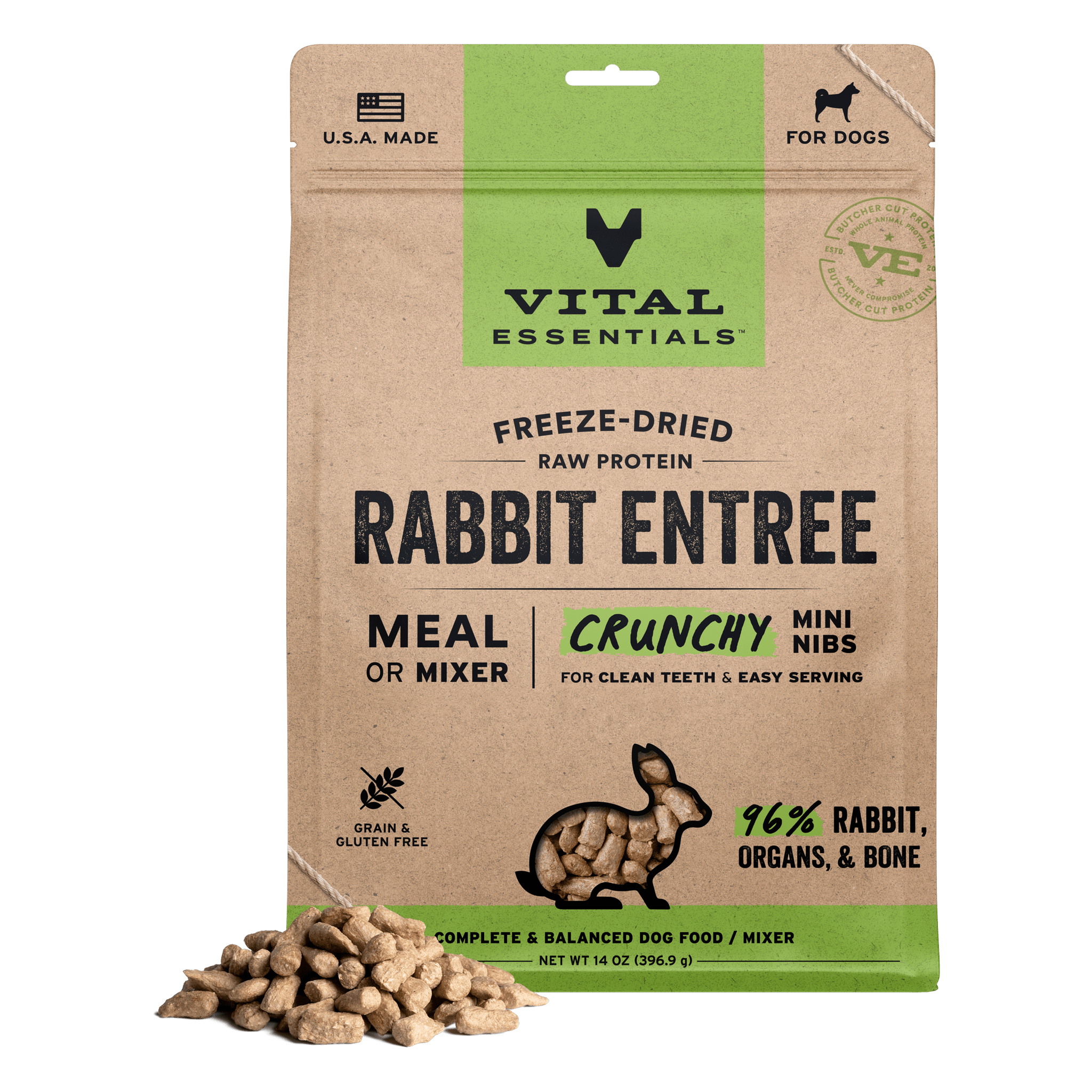 Vital Essentials Freeze-Dried Raw Rabbit Entree Crunchy Mini Nibs dog food bag front with a pile of nibs