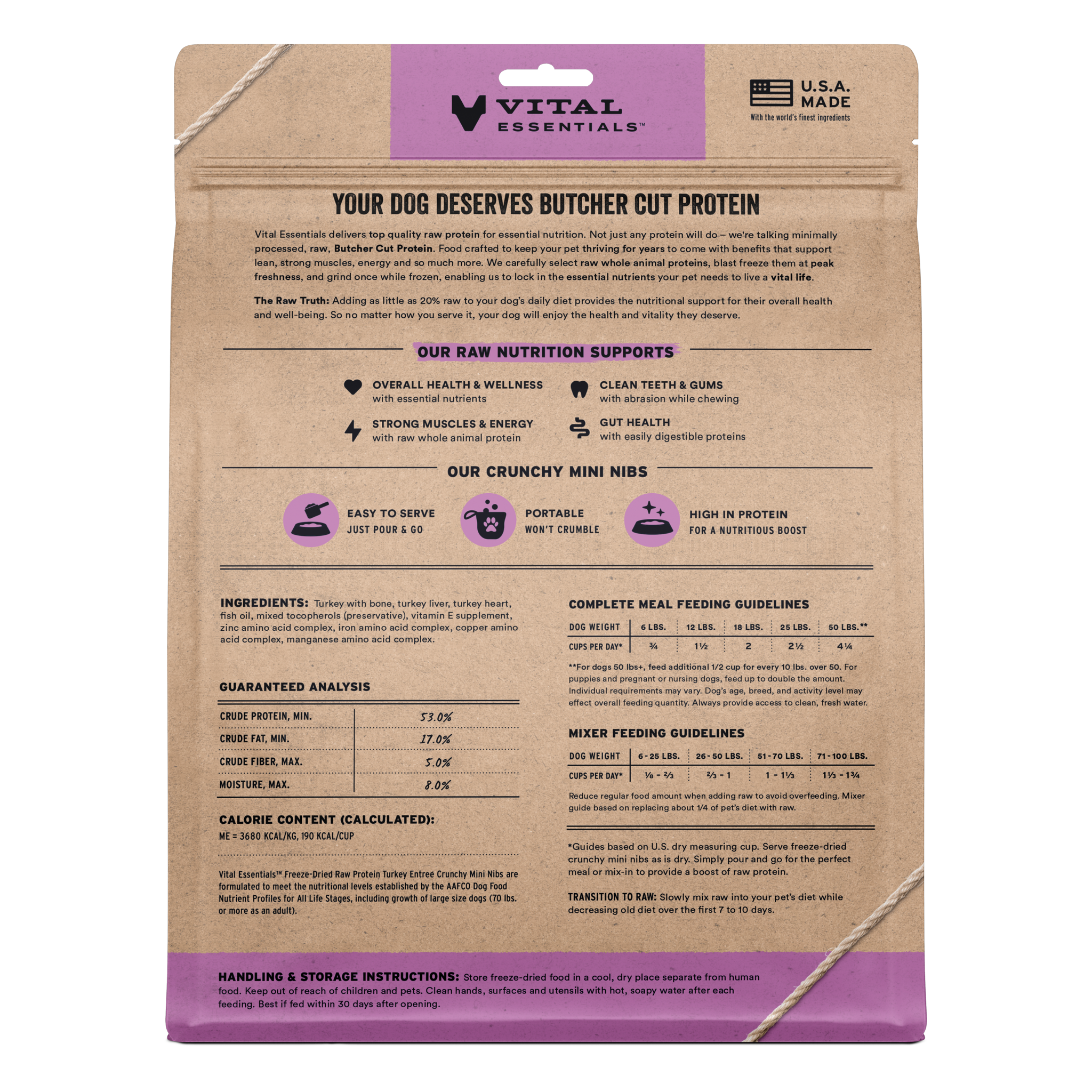 Back of the 5.5 oz Turkey Entree crunchy mini nibs bag with ingredients and feeding guides