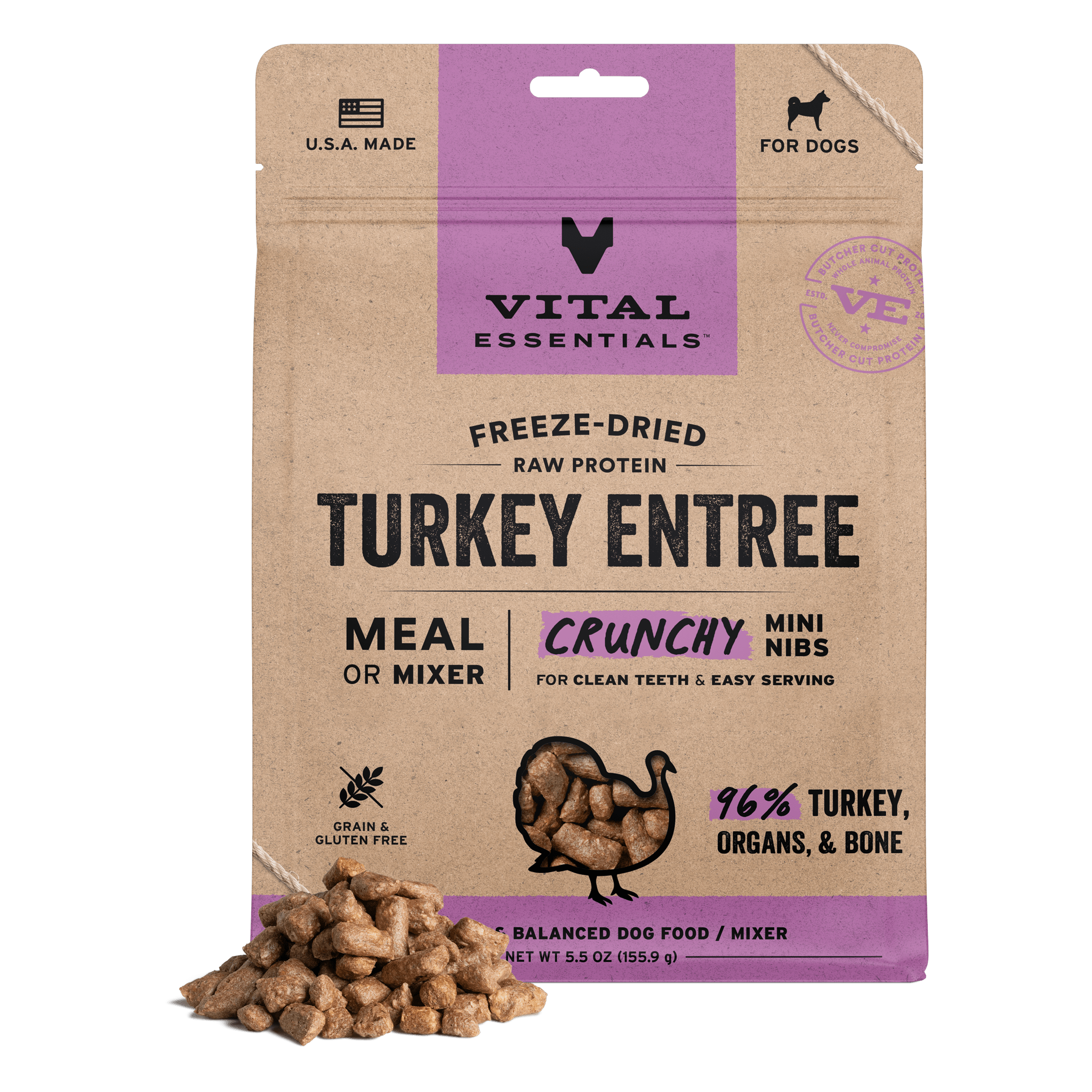 Vital Essentials Freeze-Dried Raw Turkey Entree Crunchy Mini Nibs dog food bag front with a pile of nibs