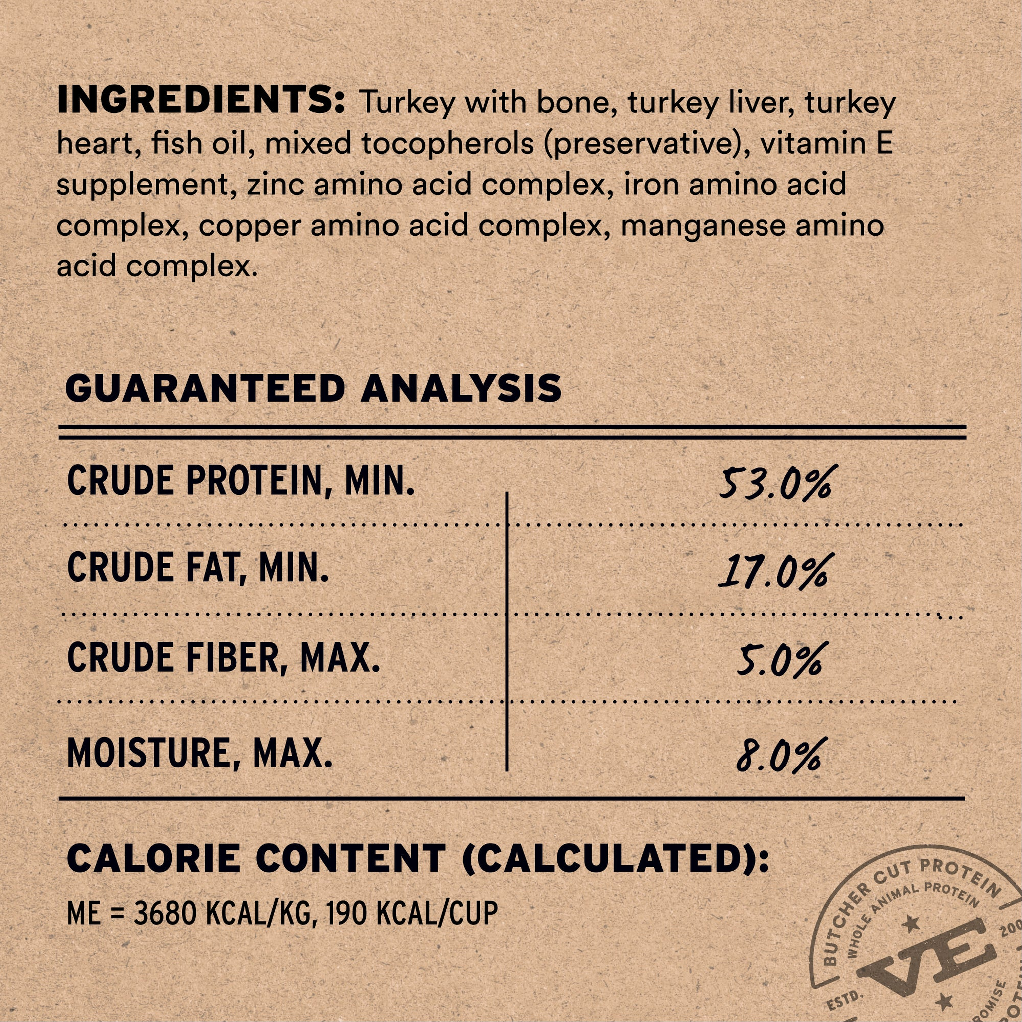 Turkey recipe ingredients list, guaranteed analysis, and calorie content