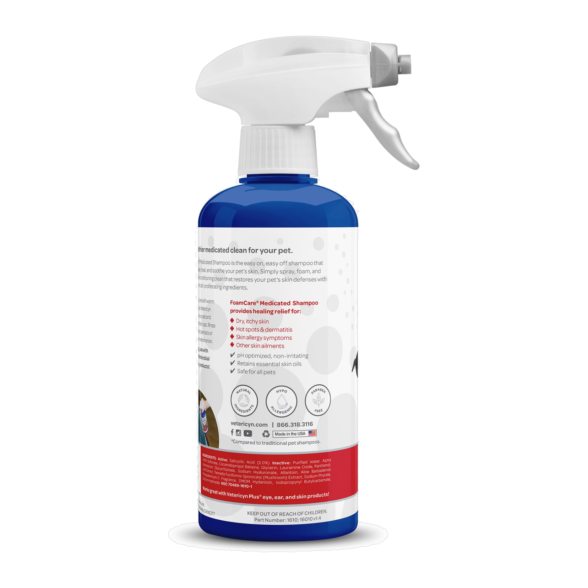 Vetericyn FoamCare Medicated Pet Shampoo bottle side label with benefits