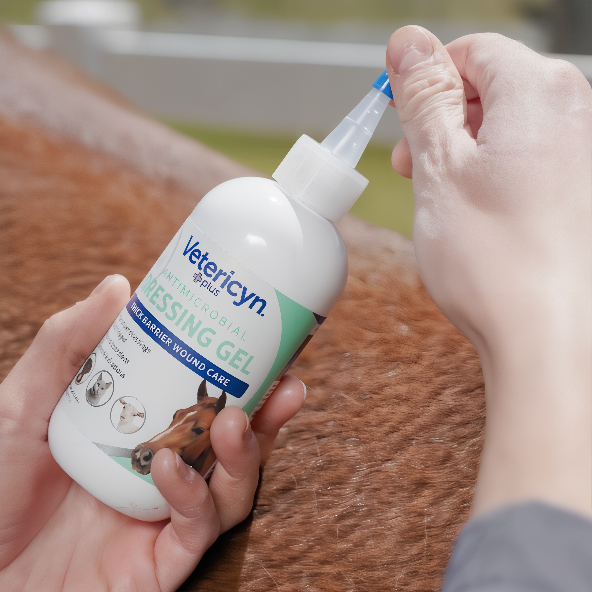 Dispensing Vetericyn Plus Antimicrobial Dressing Gel onto a wound dressing