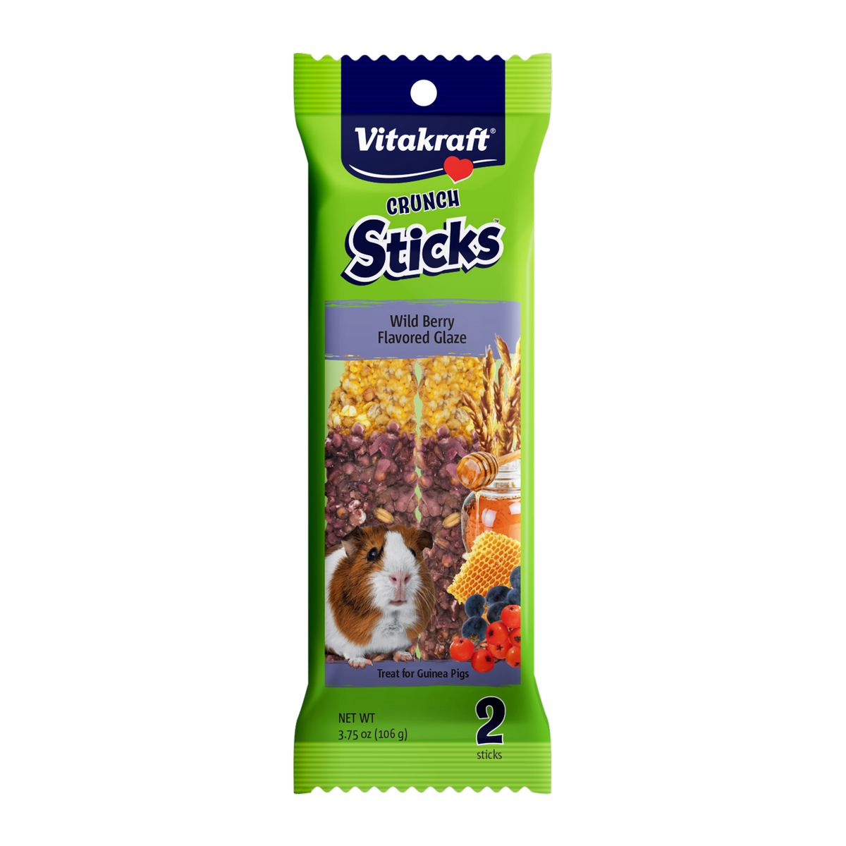 Vitakraft Crunch Sticks guinea pig treat wild berry flavored glaze 2 stick pack front