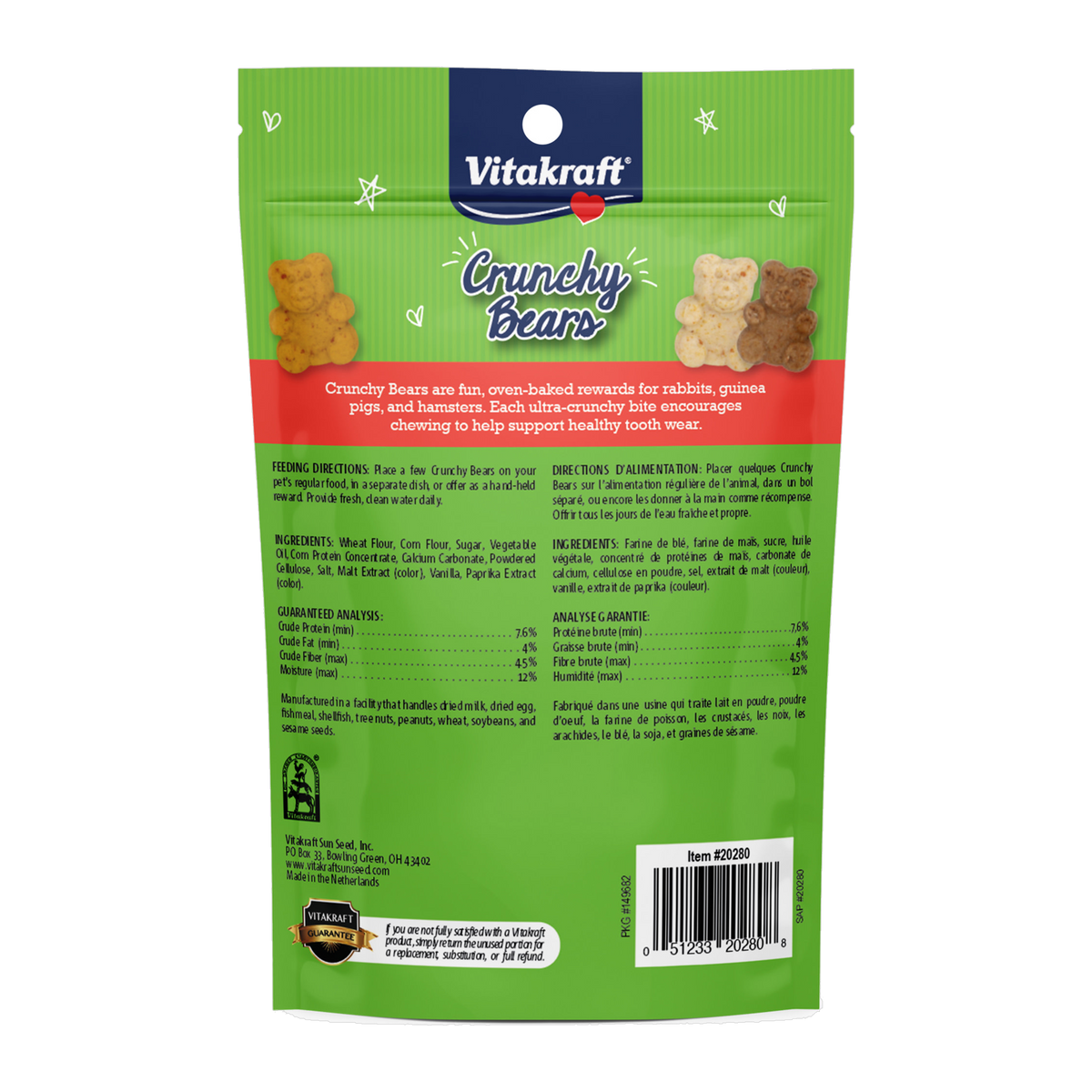 Vitakraft Crunchy Bears package back with feeding directions and ingredients