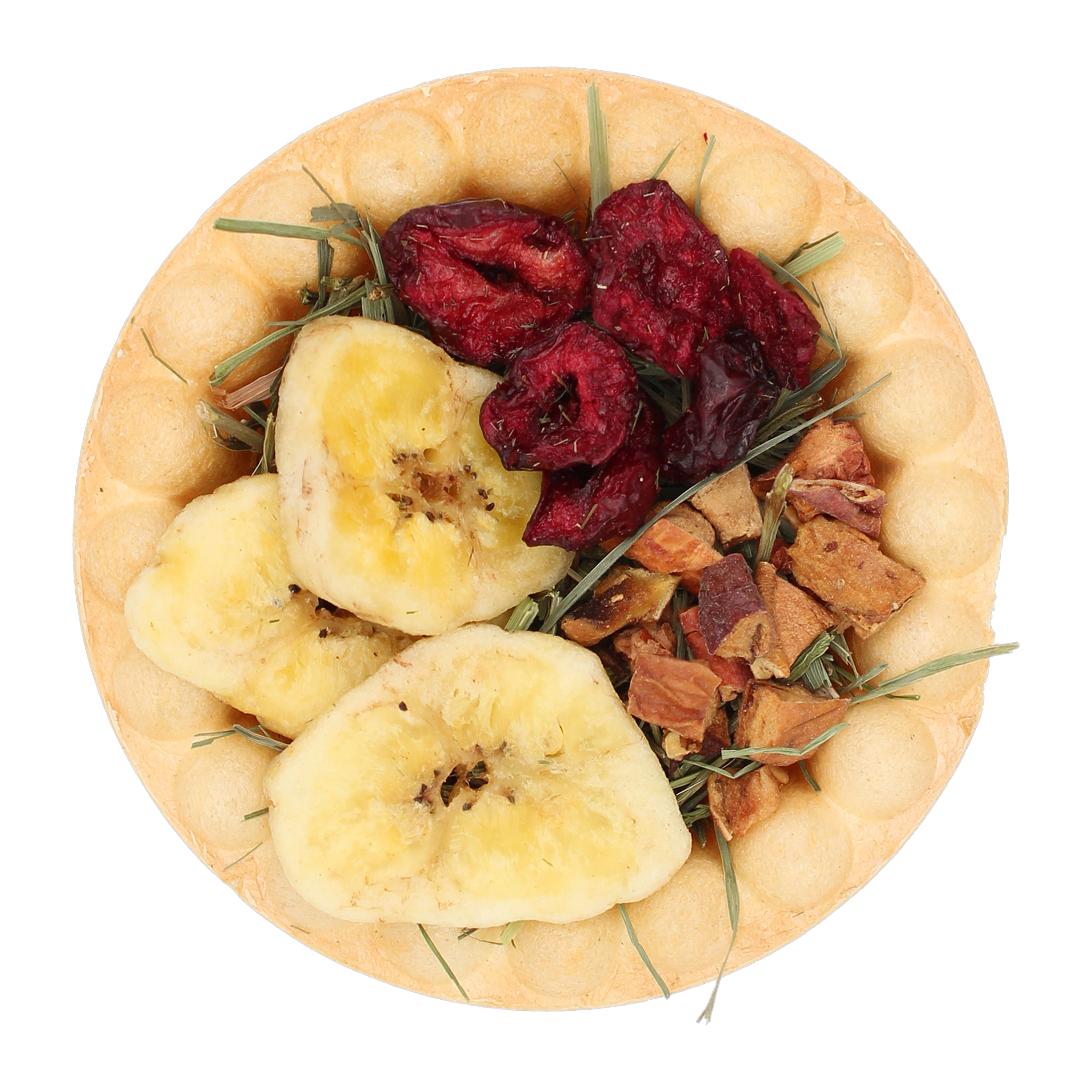 Vitakraft Fruity Pie closeup with banana chips dried cherries and apple pieces on Timothy hay in baked crust