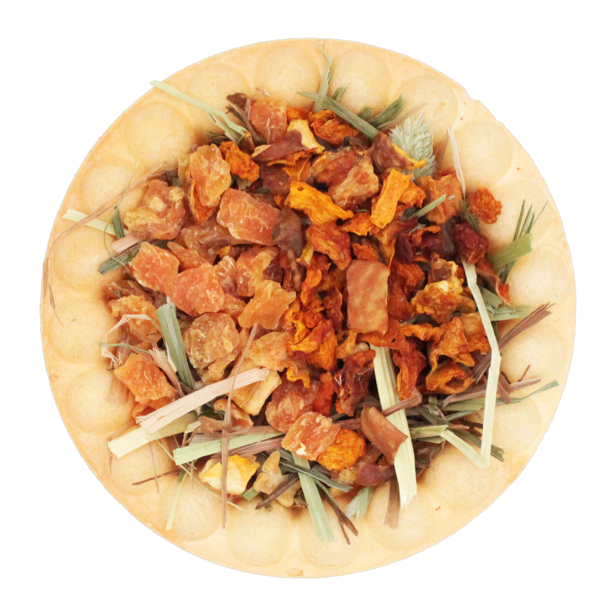 Vitakraft Harvest Pie treat closeup with sweet potato and pumpkin pieces on Timothy hay in baked crust