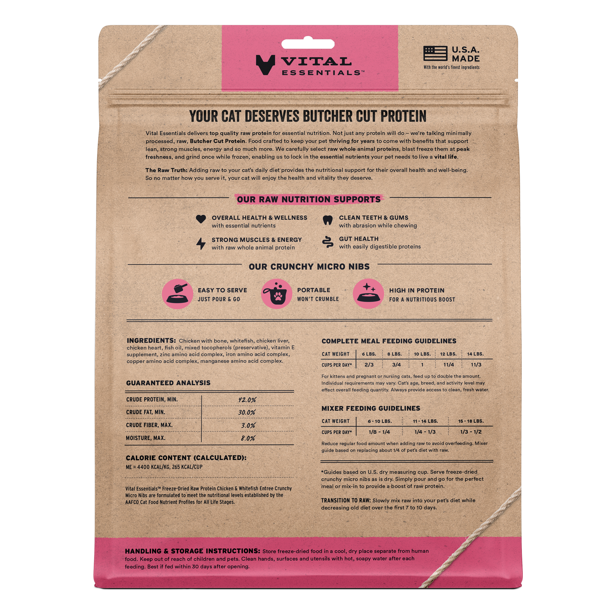 Back of the Vital Essentials Chicken & Whitefish cat food bag with ingredients, guaranteed analysis, and feeding guidelines