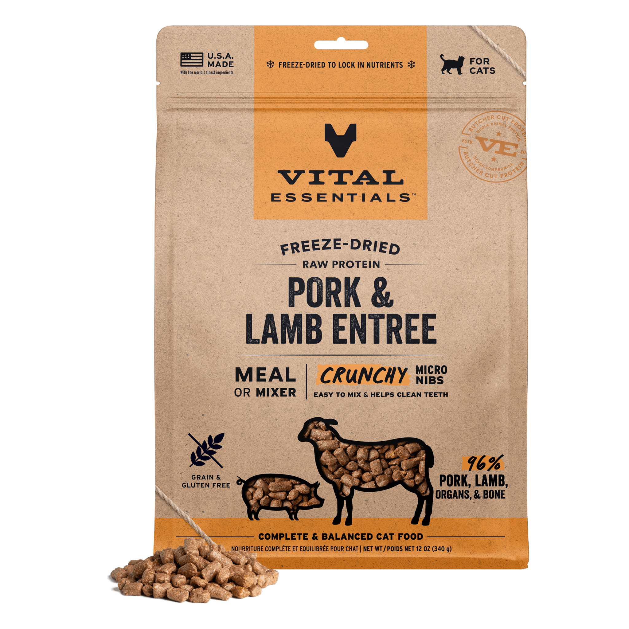 Vital Essentials Freeze-Dried Raw Pork & Lamb Entree Crunchy Micro Nibs cat food 12 oz bag