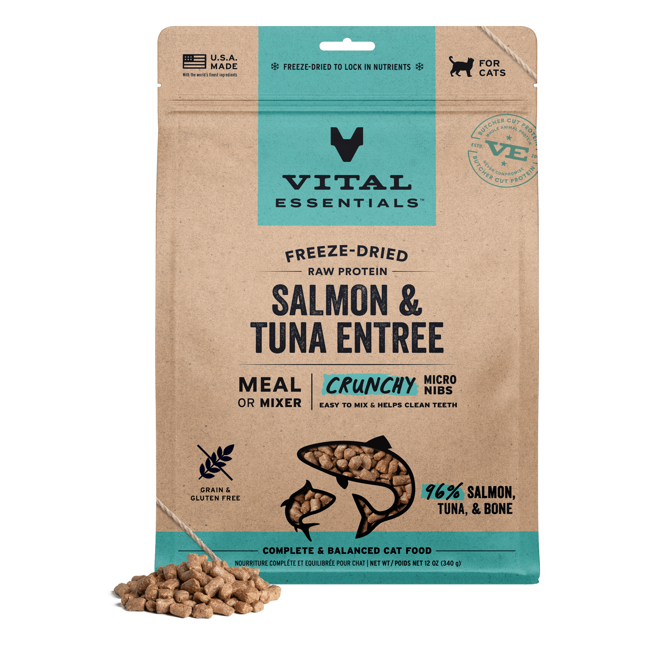 Vital Essentials Freeze-Dried Raw Salmon & Tuna Entree Crunchy Micro Nibs cat food 12 oz bag