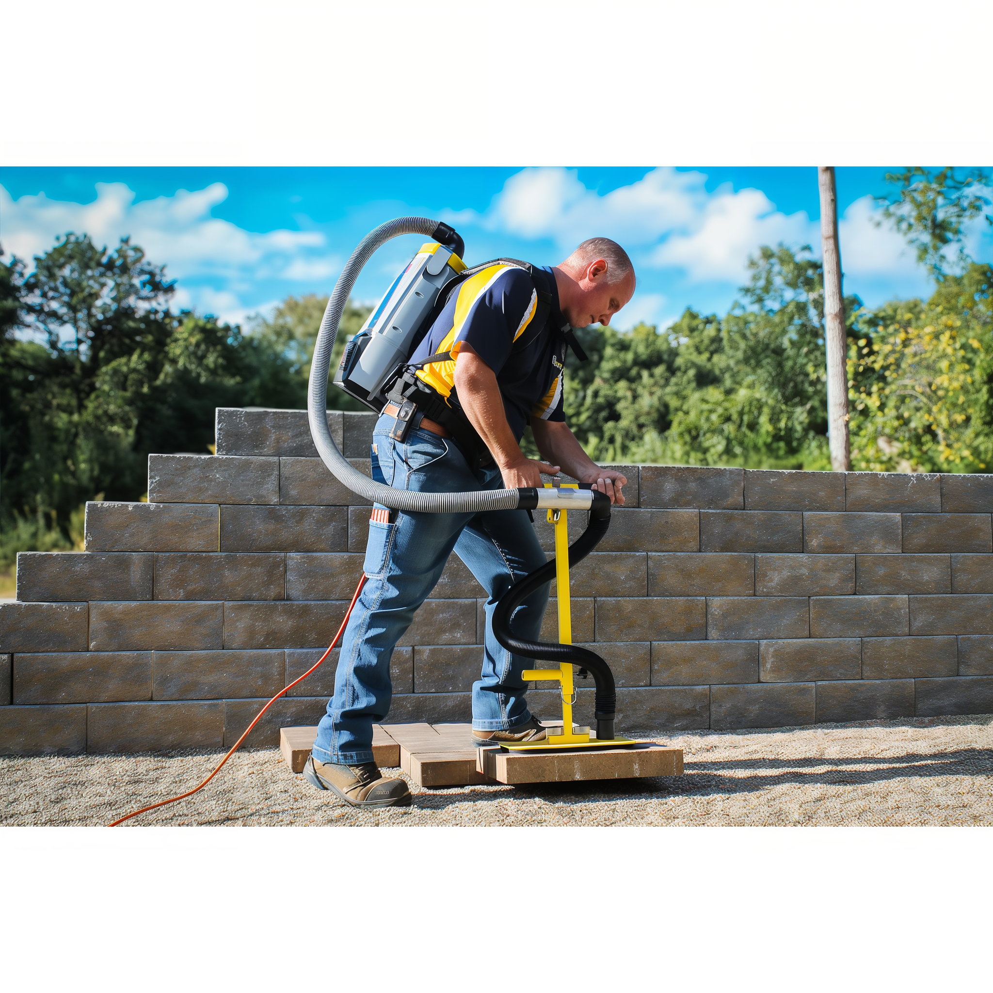 Pave Tool VME3 T-Handle Package shown with backpack vacuum, adjustable T-handle, suction pads, hoses, and relief valve