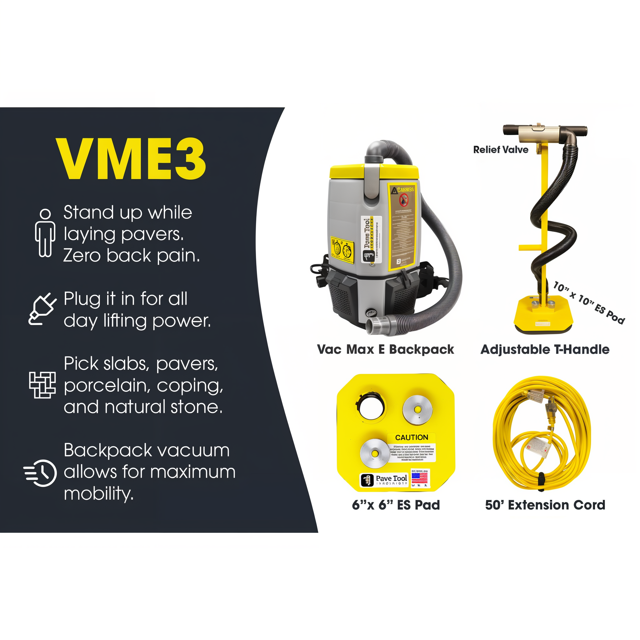 VME3 package contents callout: backpack vacuum, T-handle with pin and screw knob, low ergonomic handle, 10 by 10 inch and 6 by 6 inch pads, 50 ft cord, 4 and 5 ft hoses, relief valve