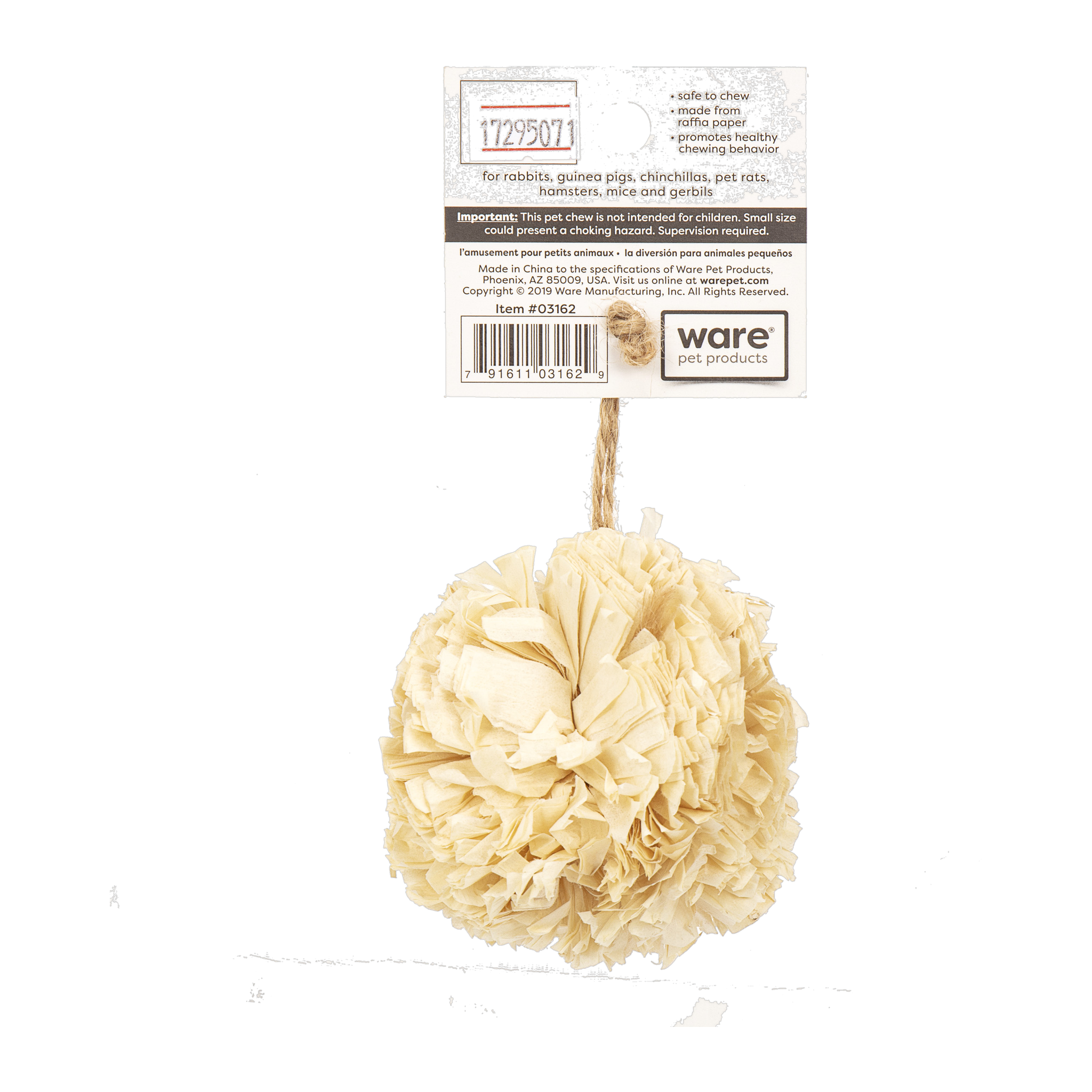 Ware Chew Ball back of package with usage details for rabbits, guinea pigs, chinchillas, rats, hamsters, mice and gerbils