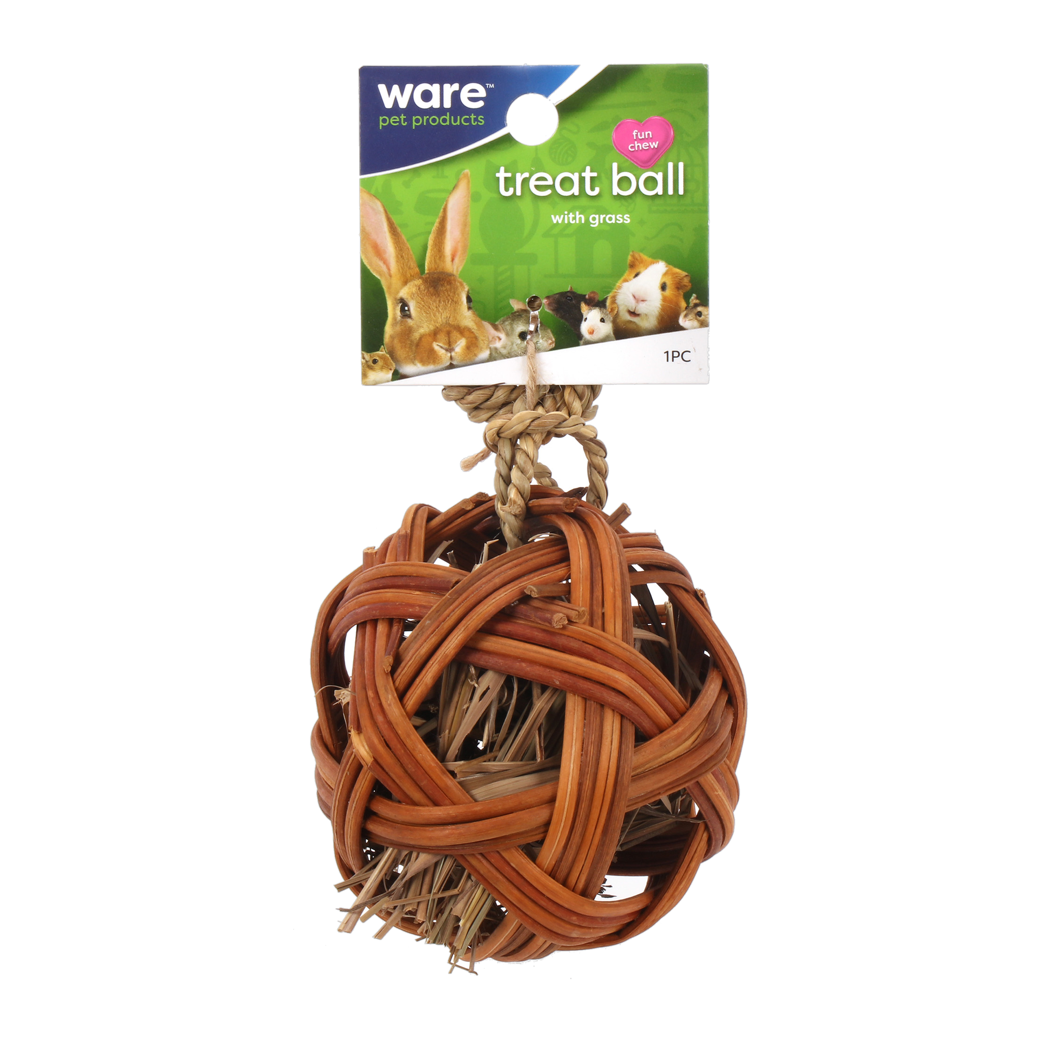 Ware Edible Treat Ball natural willow chew with grass, front view with hang tag
