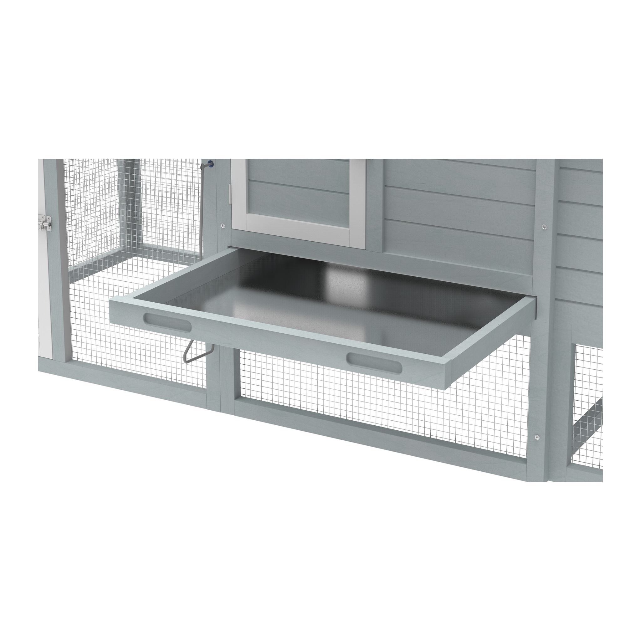 Slide-out metal cleaning pan below the roosting house