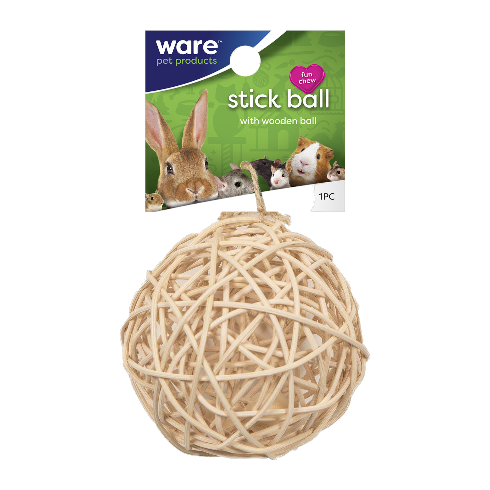 Ware Stick Ball natural willow chew with wooden ball, packaged with header card