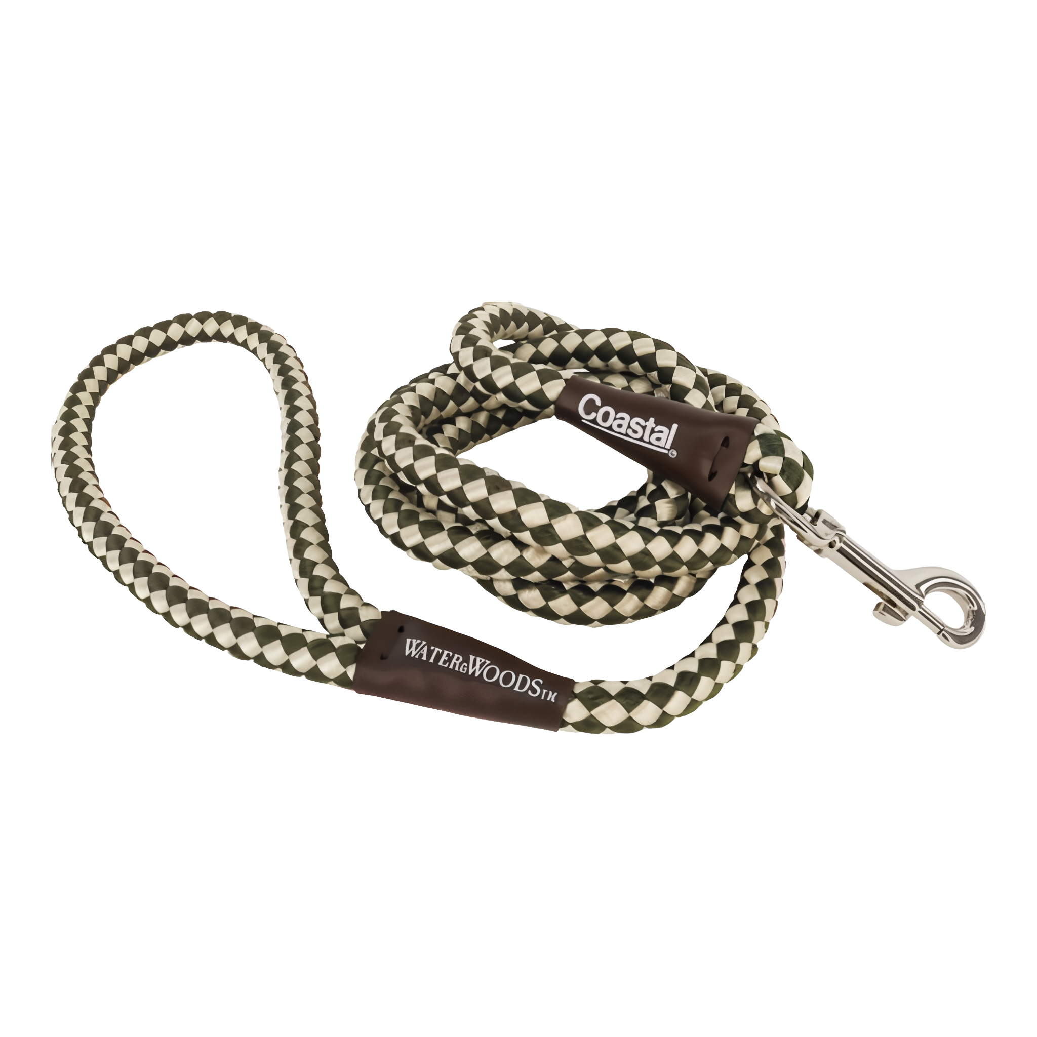 Water & Woods braided rope dog leash in forest green and white.