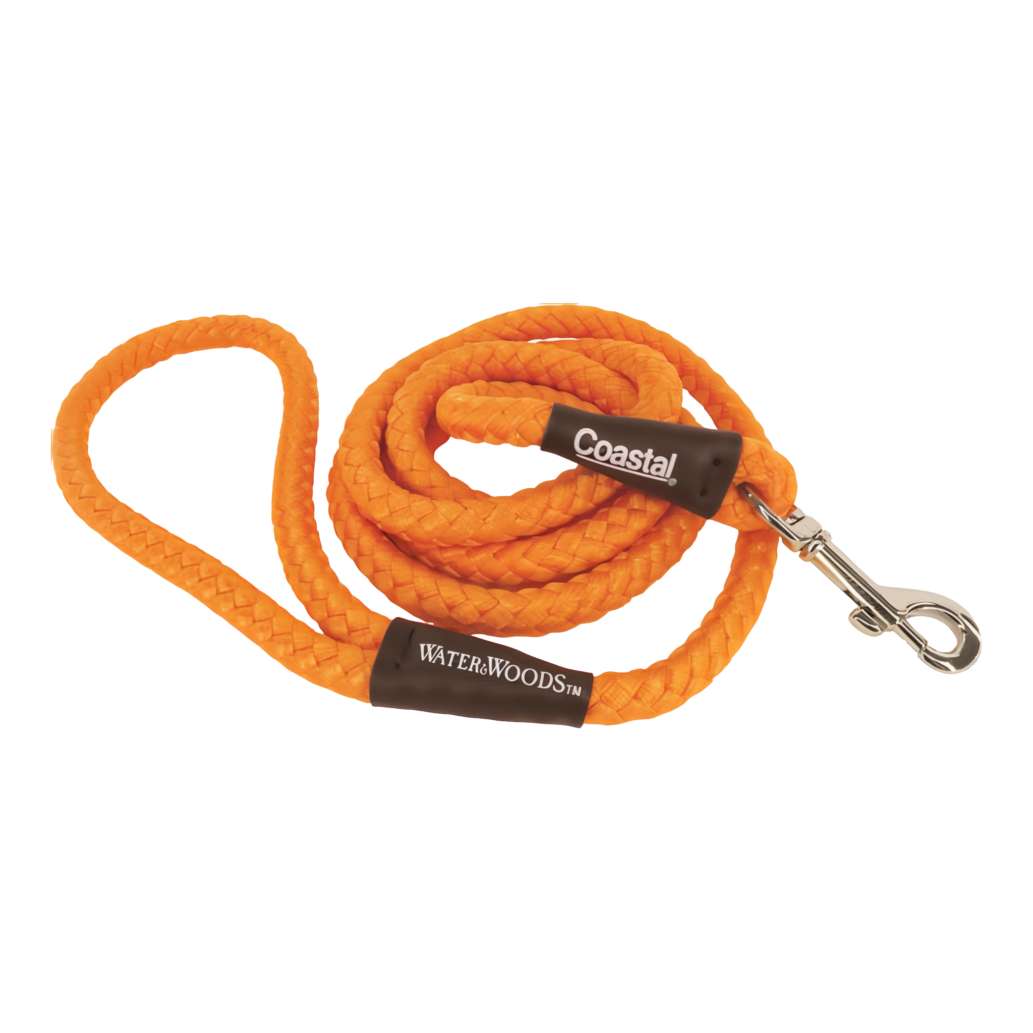 Water & Woods braided rope snap dog leash in orange color.