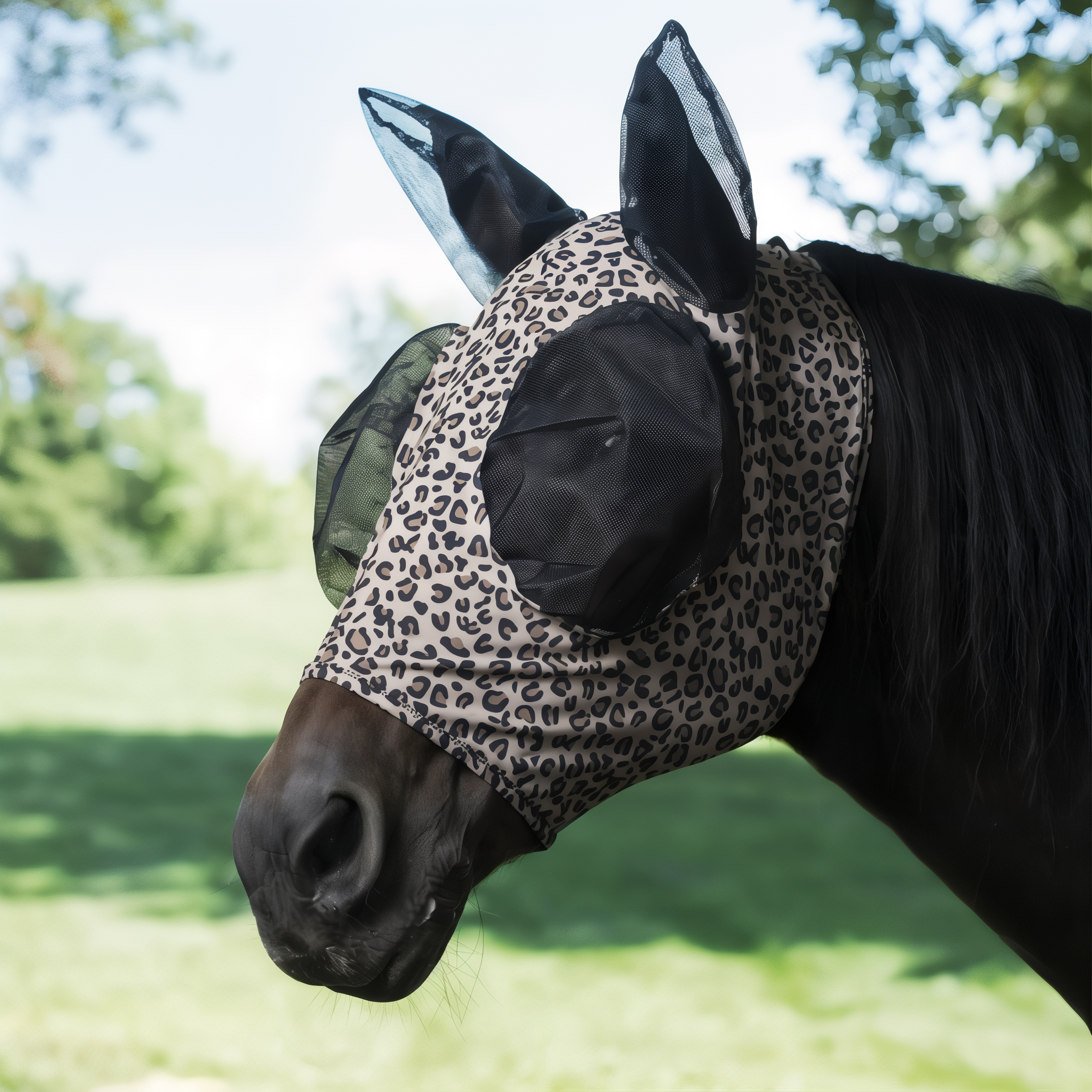Weaver Leather Covered Ear Lycra Fly Mask in Leopard Print, size small. #Leopard Print#Small