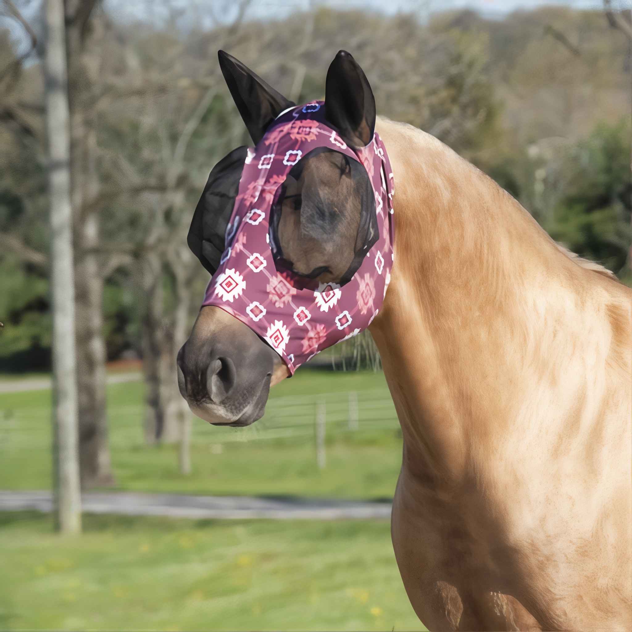Weaver Leather Covered Ear Lycra Fly Mask in Aztec pattern, size small. #Aztec#Small