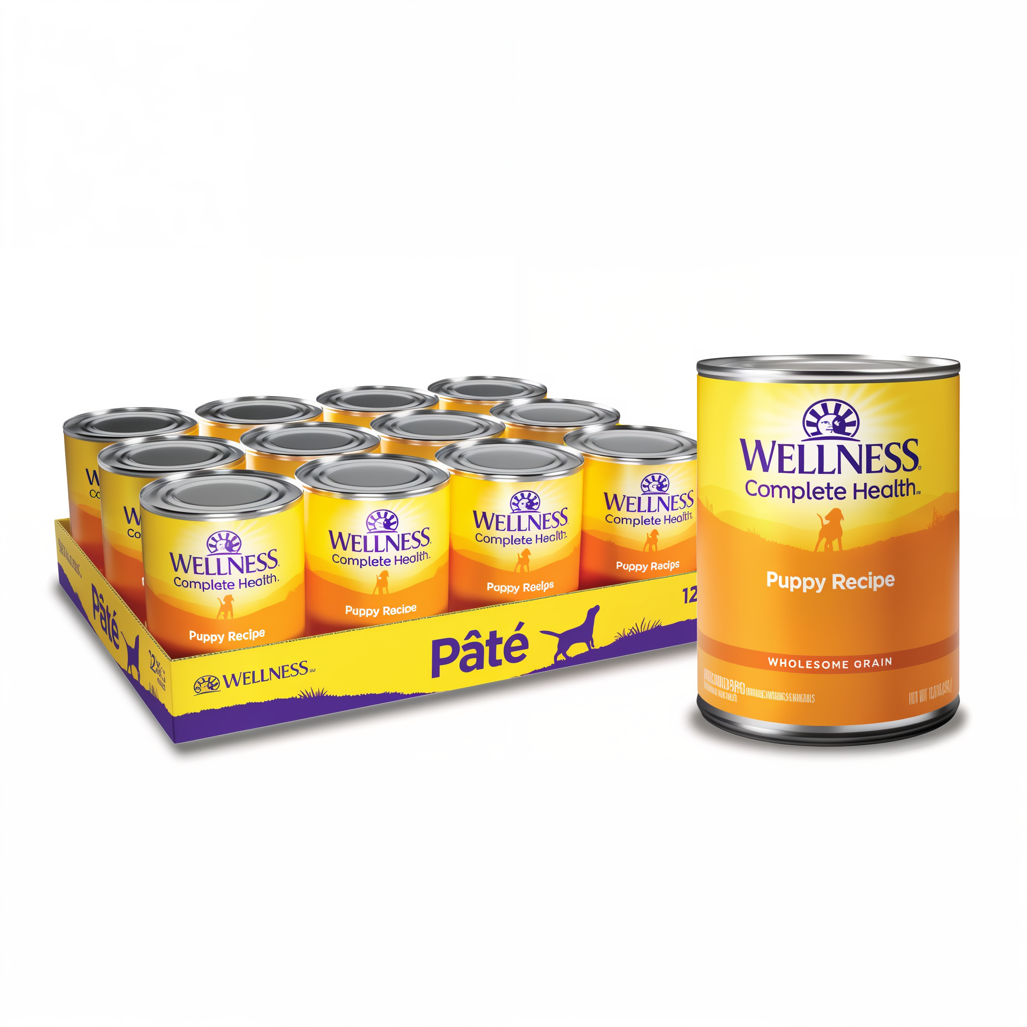 Wellness Complete Health Paté Puppy Recipe wet dog food, 12.5 oz Wholesome Grain can shown with a 12-can case