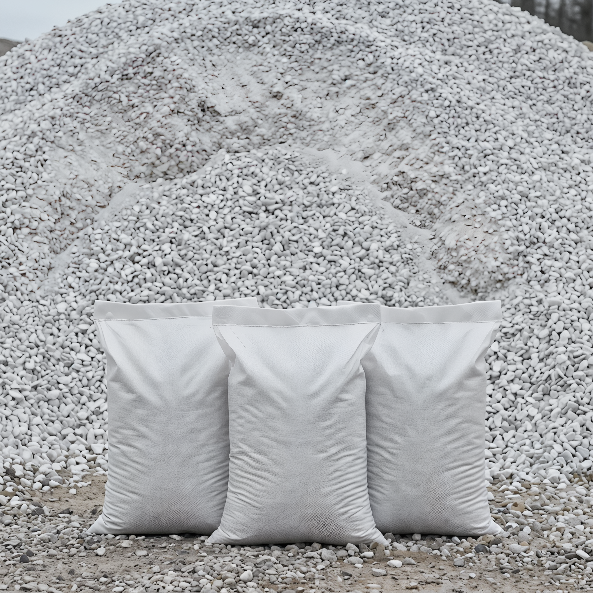 White Marble Stone in 50 lb bags in front of a stone pile, 3/8 inch size