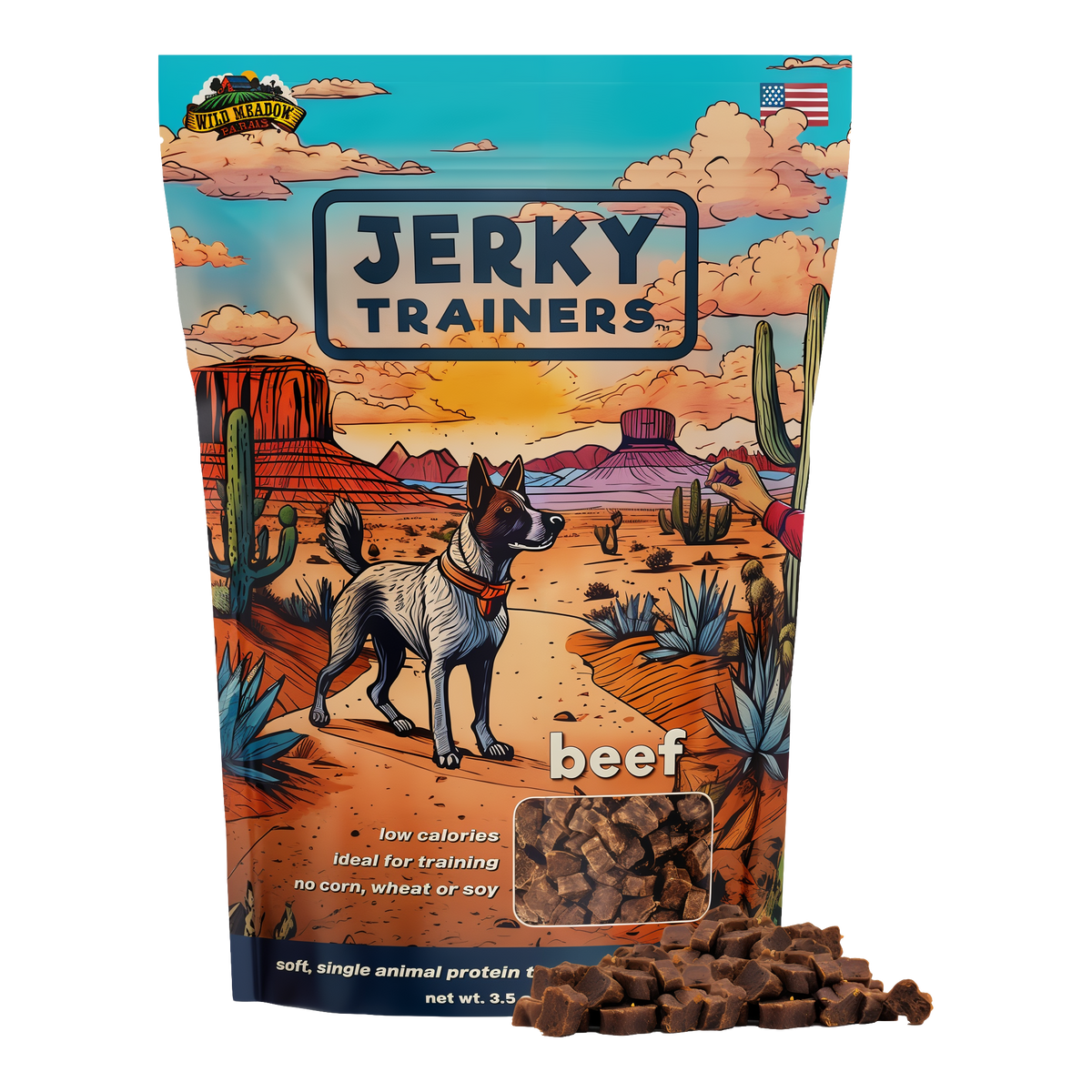 Wild Meadow Farms Jerky Trainers Soft Training Treats for Dogs -- front bag with treats