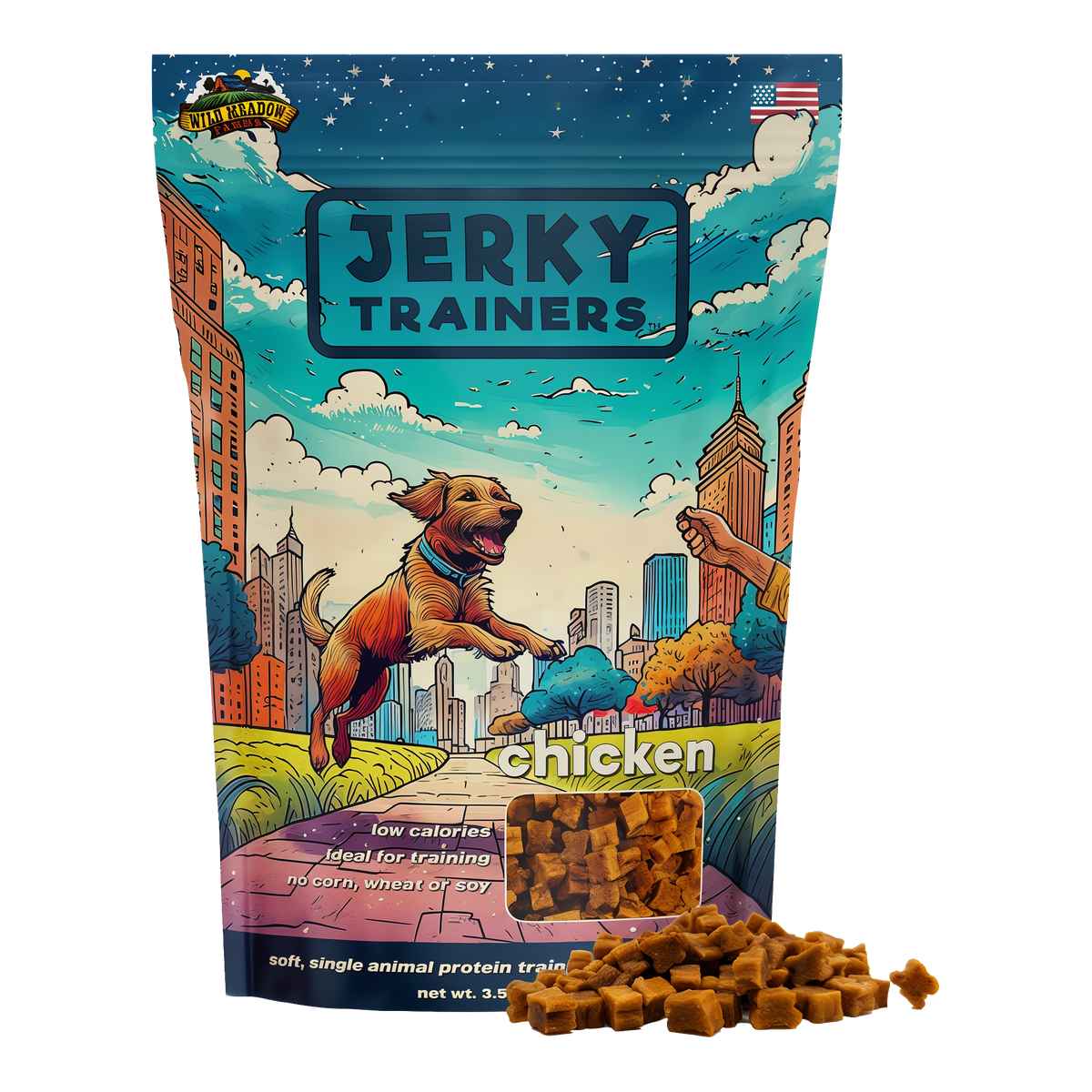 Wild Meadow Farms Jerky Trainers Soft Training Treats for Dogs -- front bag with treats