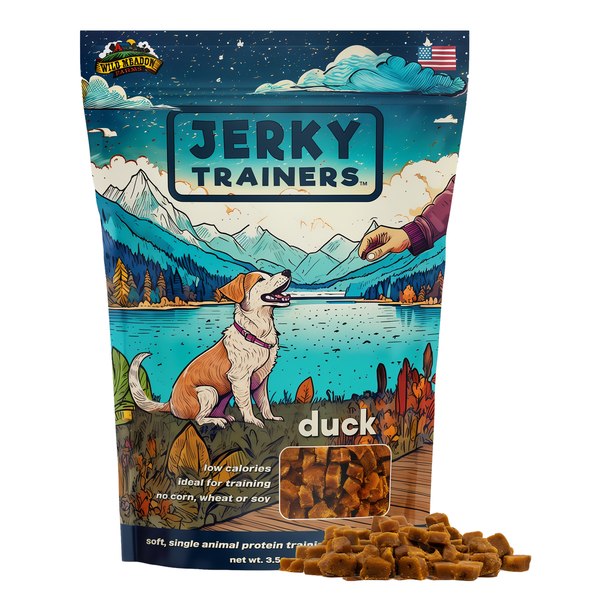 Wild Meadow Farms Jerky Trainers Soft Training Treats for Dogs -- front bag with treats