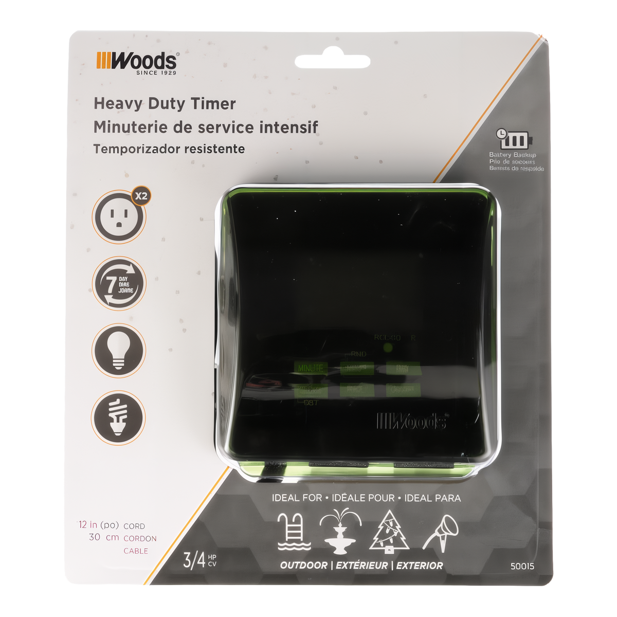 Woods Outdoor 7-Day Digital Heavy Duty Timer with 2 Grounded Outlets -- packaging