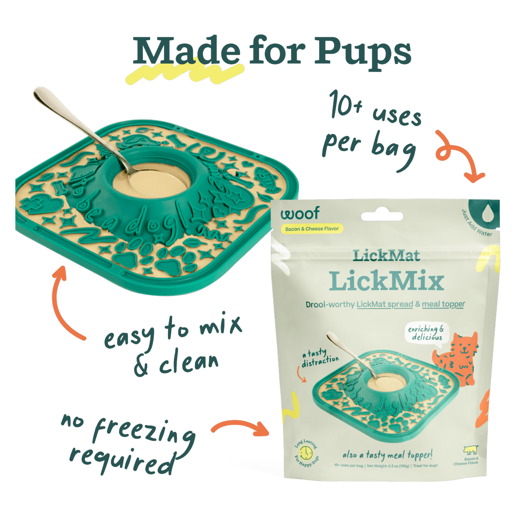 Woof Bacon & Cheese LickMix: just add water to make a lick mat spread