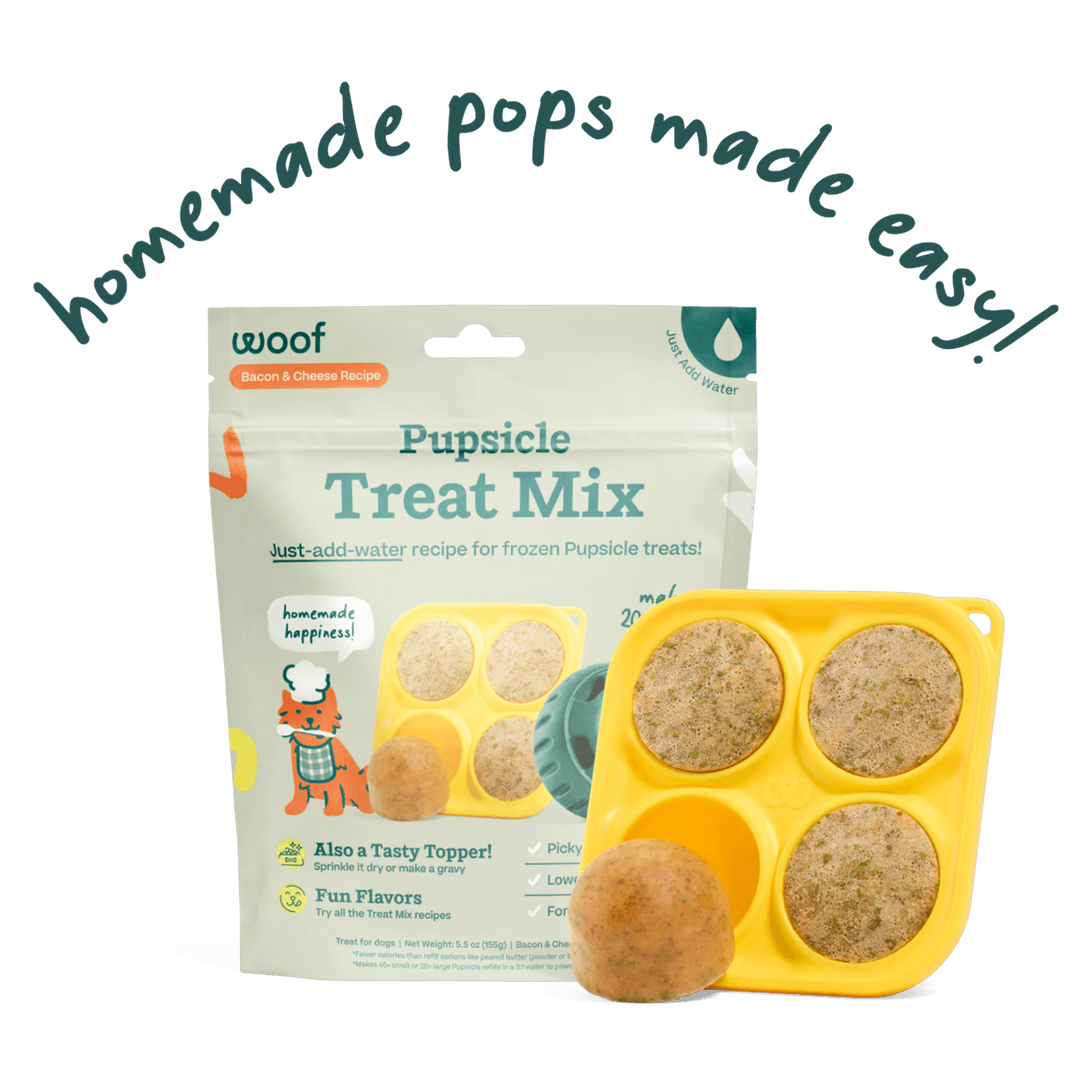 Woof Bacon & Cheese Pupsicle Mix bag, dry Pupsicle refill mix you freeze in the Treat Tray