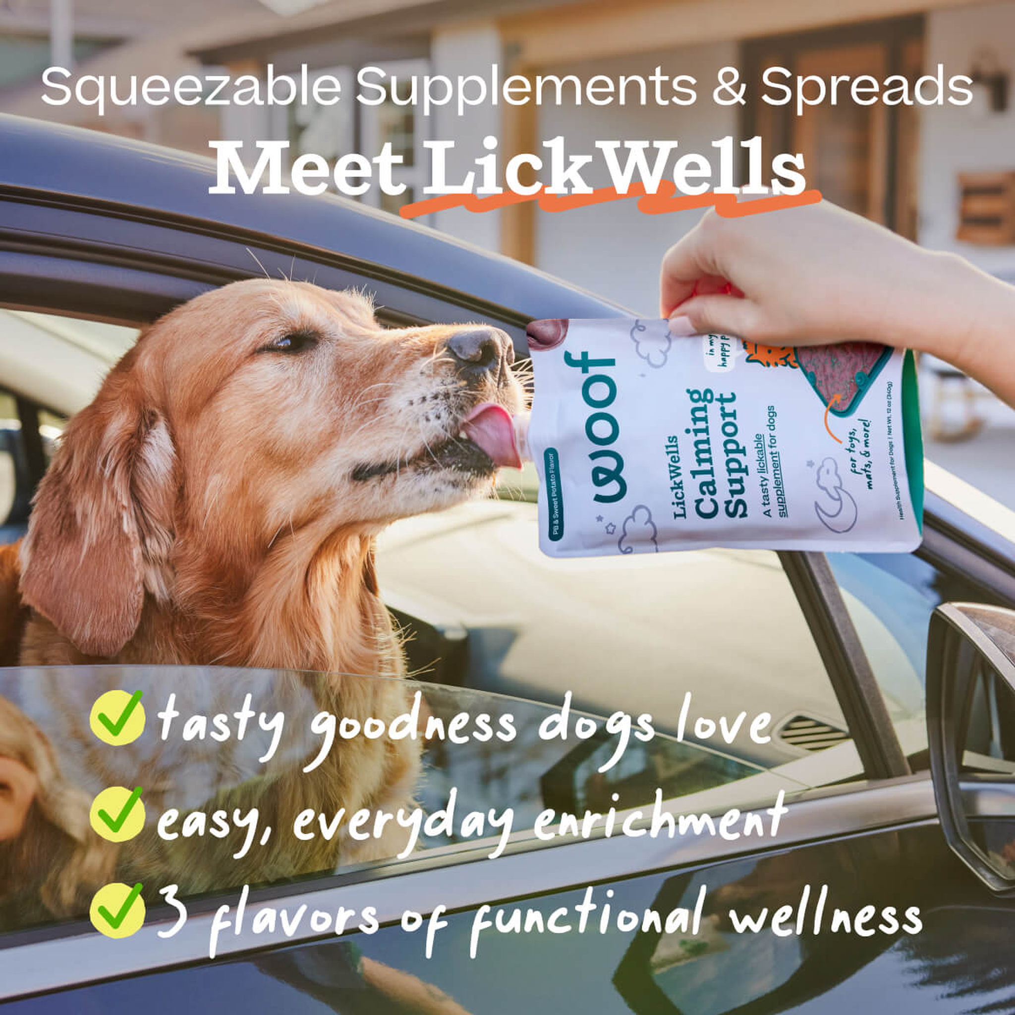 Woof LickWells pouch: serve on a spoon, lick mat, or straight from the pouch