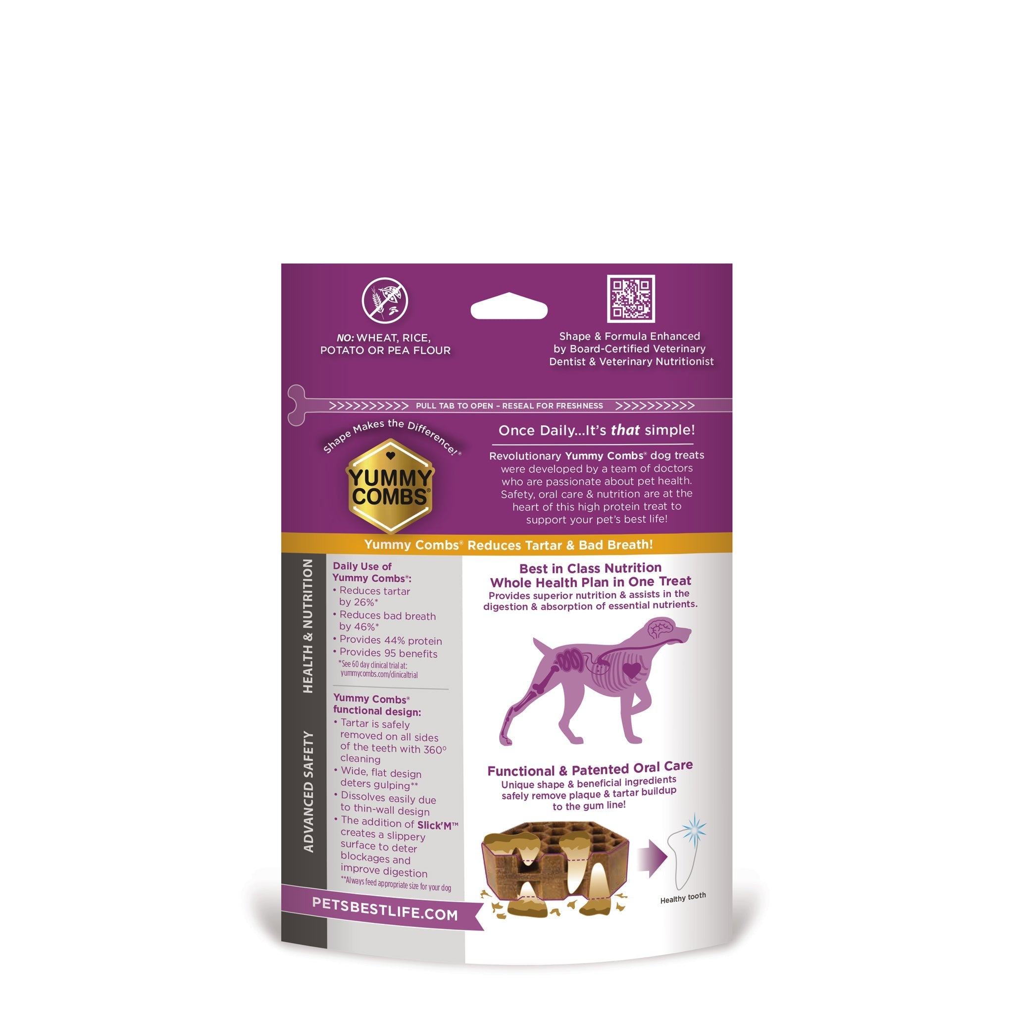 Yummy Combs chicken treats bag back panel with feeding instructions and oral care details