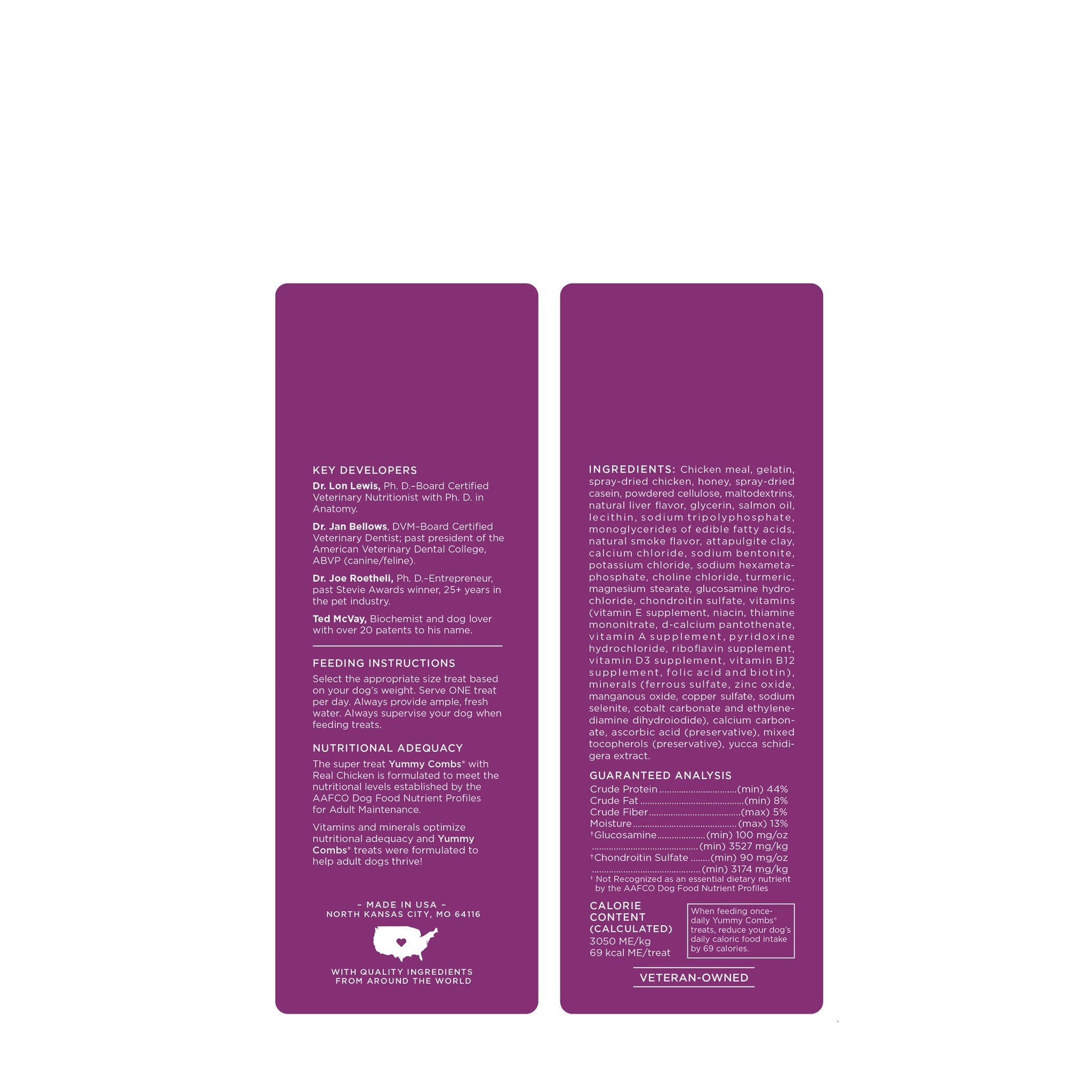 Yummy Combs chicken treats bag side panels with ingredients and guaranteed analysis