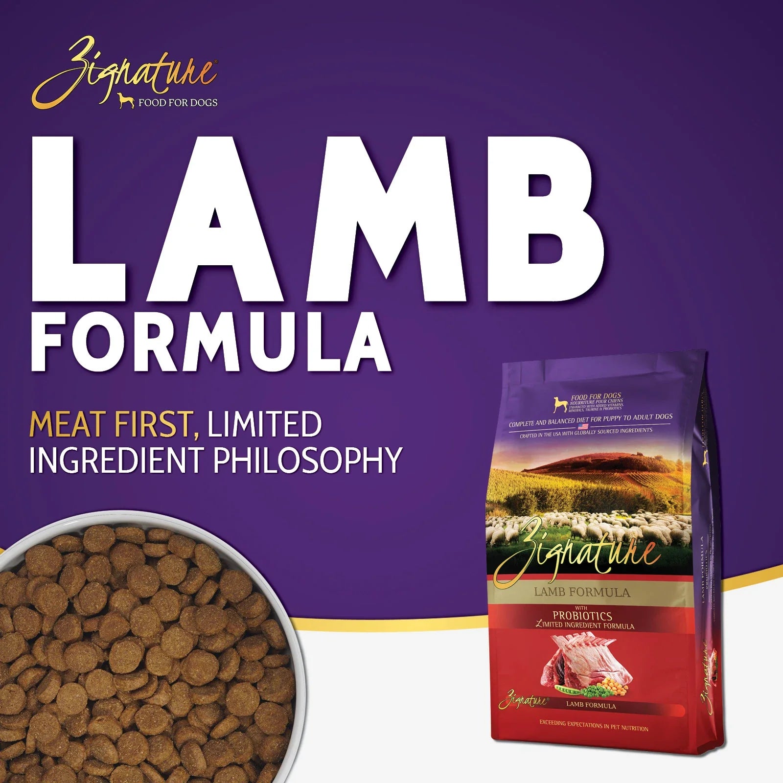 Zignature Lamb Formula Dry Dog Food — product highlights tile 1