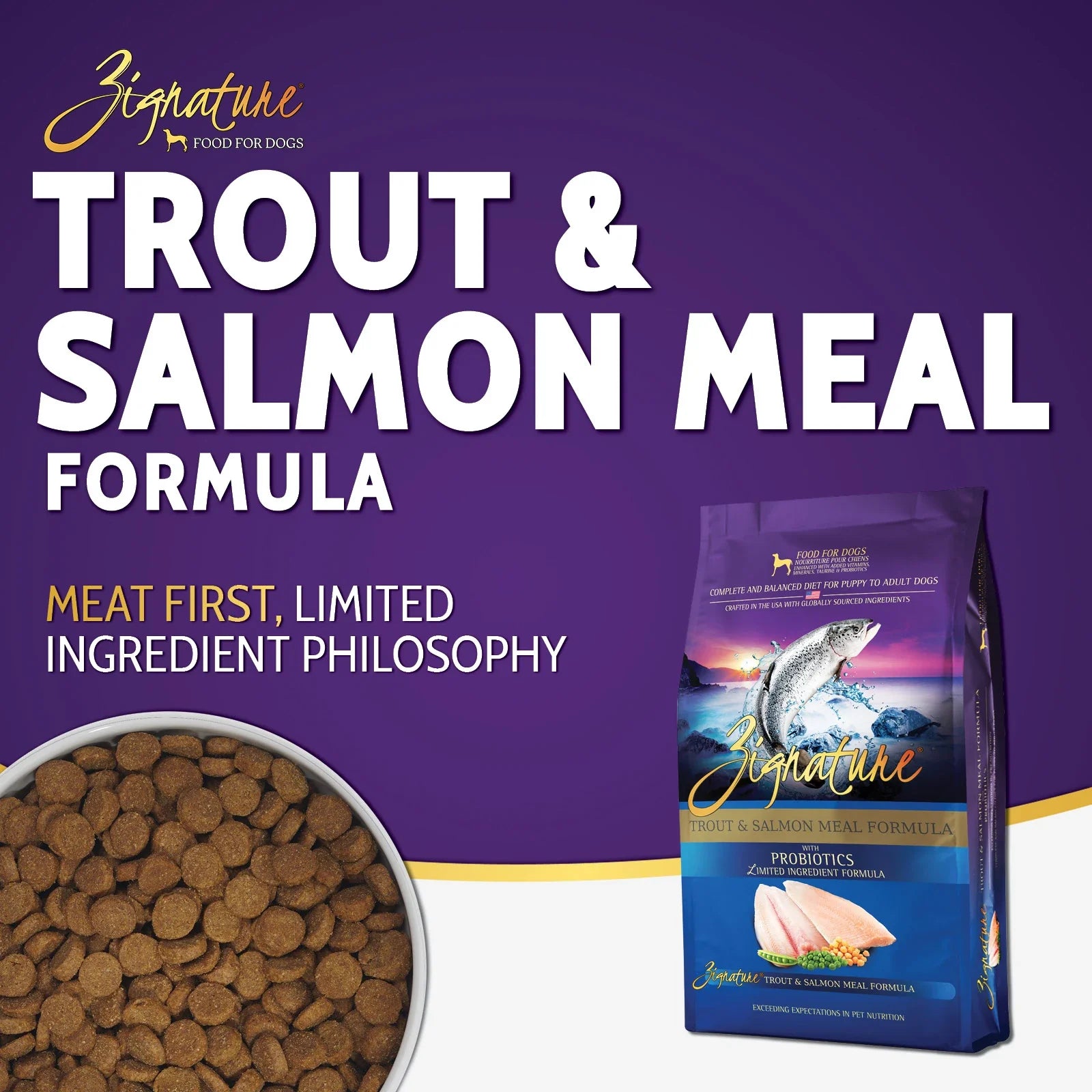 Zignature Trout & Salmon Meal Formula Dry Dog Food — product highlights tile 1